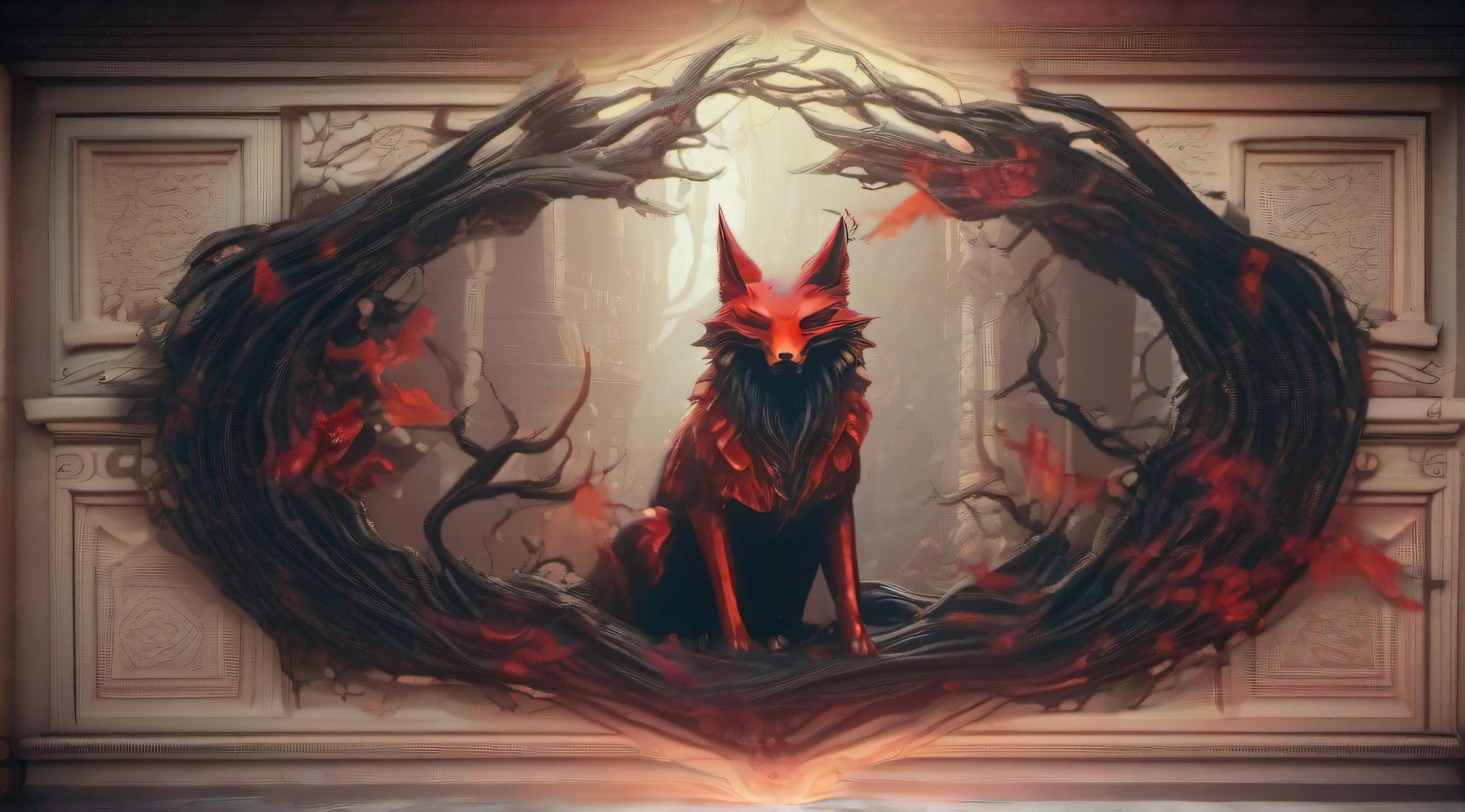 Fox fairy
Weird painting style
Demons
A sight of the abyss
Dark tones
Mysterious light and shadow
Cracks and vines
Ghost fire and ghosts
Ancient buildings and ruins
Red eyes and sharp teeth