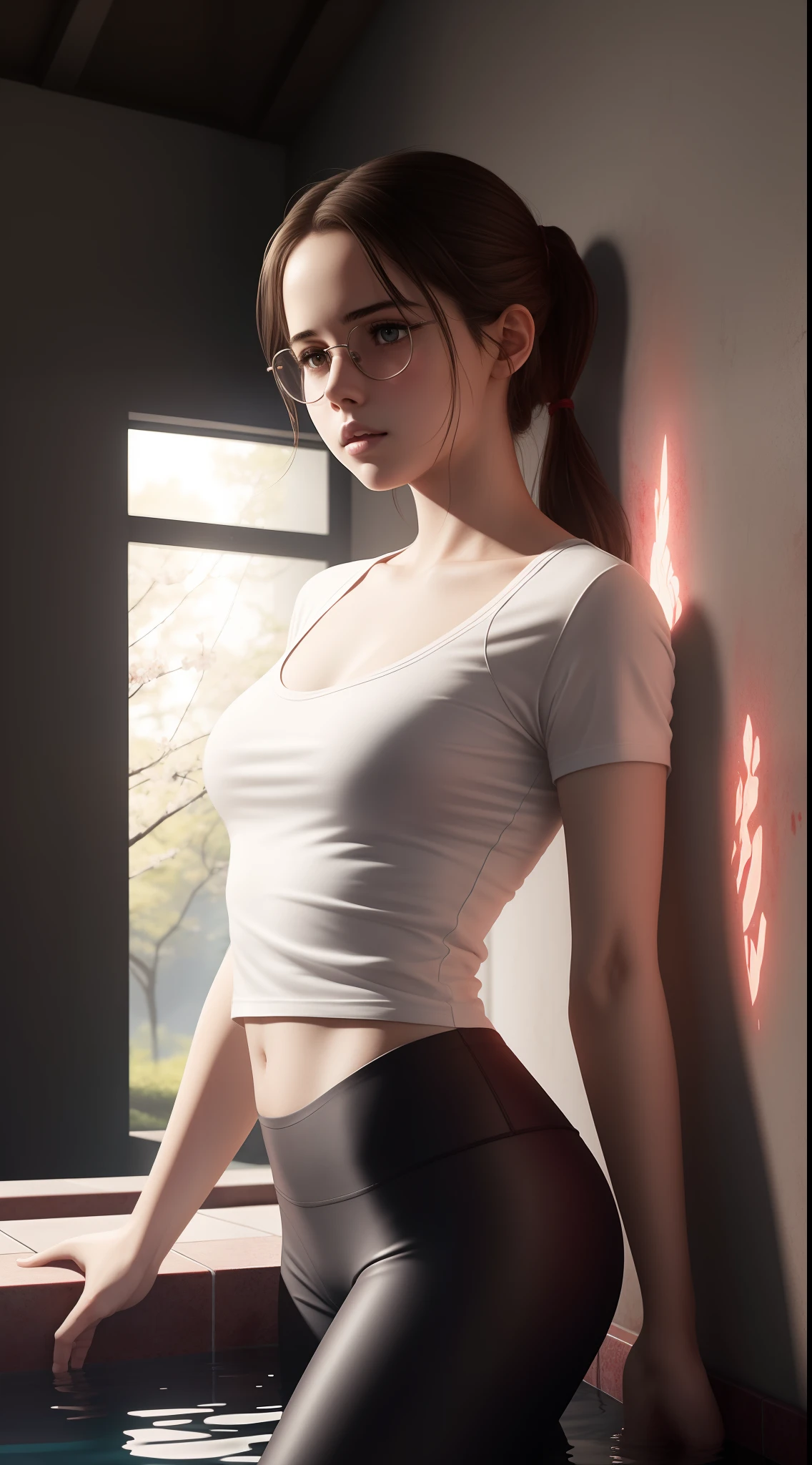 Beautiful young Margaret Qualley, The Last of Us, game, glasses, white shirt, tight shirt, wearing a nice top, large neckline, wearing simple tight clothes, leggings, hyperrealistic, 14 years old, model's body, small breasts, beautiful breasts, long hair, layered hairstyle, blonde hair, long legs, 8k, in front of lake, cherry blossom, sunlight, led lighting, blood on wall, pool of blood, full of human remains, detailed reflection , anime style