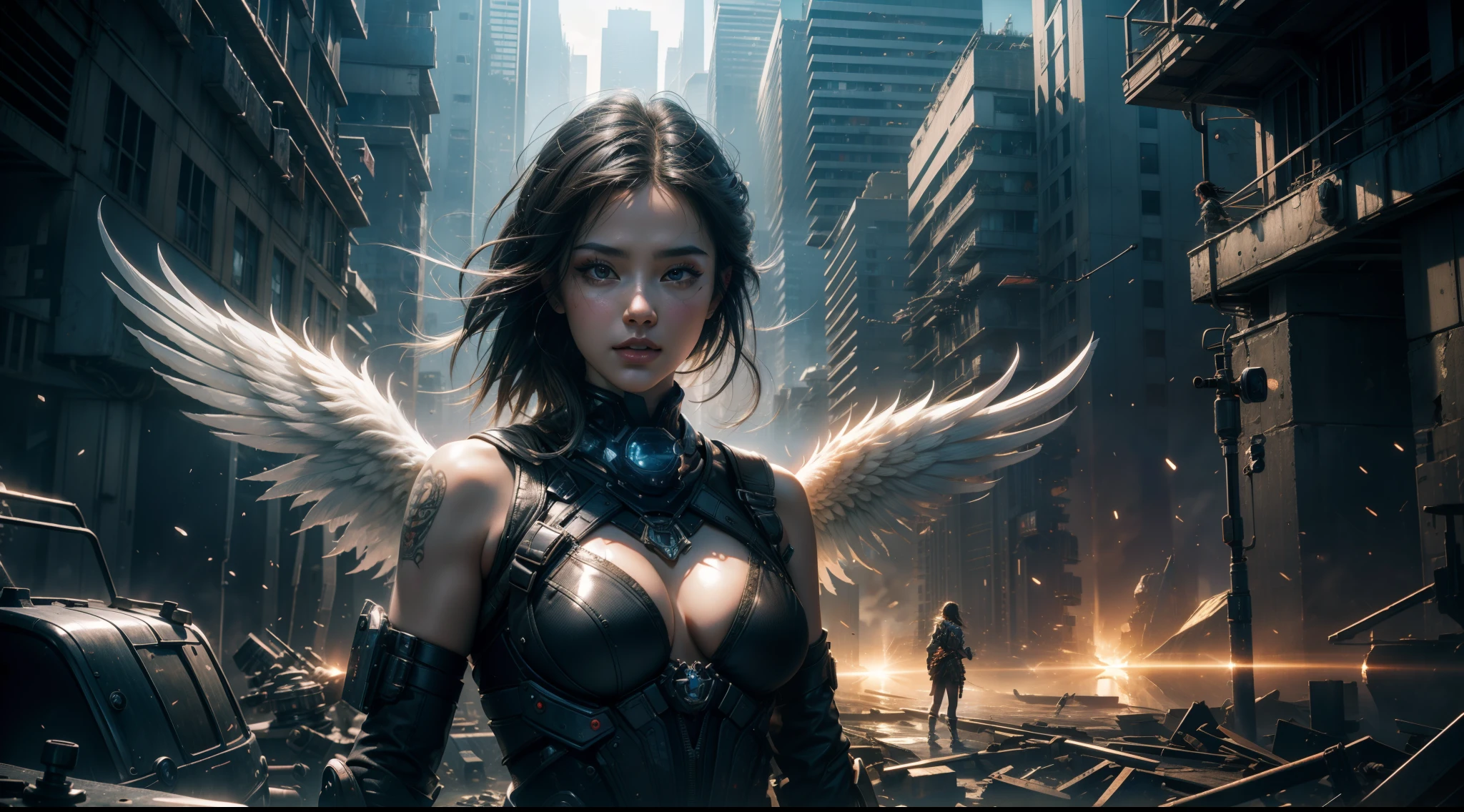 （（best qualtiy））， （（tmasterpiece））， （（Realistis））， （A detailed）， （realisticlying：1.5），illusory engine， (High detail: 1.9)，（femele：1.4），（big breasts beautiful： 1.4),(carismatic:1.3)， （Large breasts）， Female angel，large wings， beuaty girl，beauitful face， looking at viewert， dynamicposes， postapocalyptic， Destroyed city background， scientific fiction， hdr， Ray traching， NVIDIA RTX， Hyper-Resolution， Unreal 5， sub surface scattering， PBR textures， Post-processing， Anisotropic filtering， depth of fields， Maximum clarity and sharpness， trichotomy，8K original，（Luminous Particle：1.4），（VerydetailedCG，Unity 8k壁纸，cinmatic lighting，lens flare glow），Reflectors，Sharp focus，