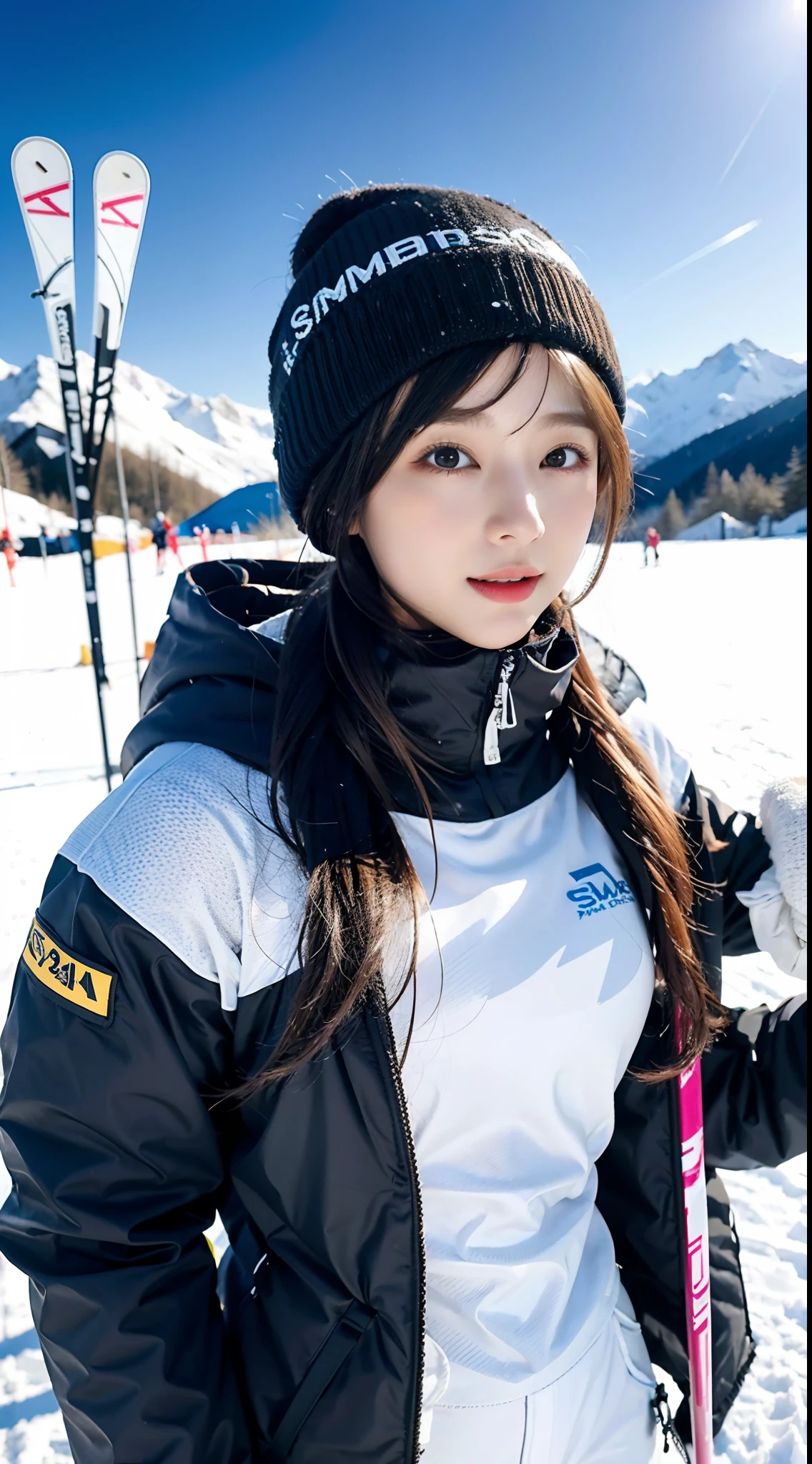 A girl in a ski suit，Ski slopes，Well equipped，Good for skiing，Beautiful girl，adolable，ski，snow landscape