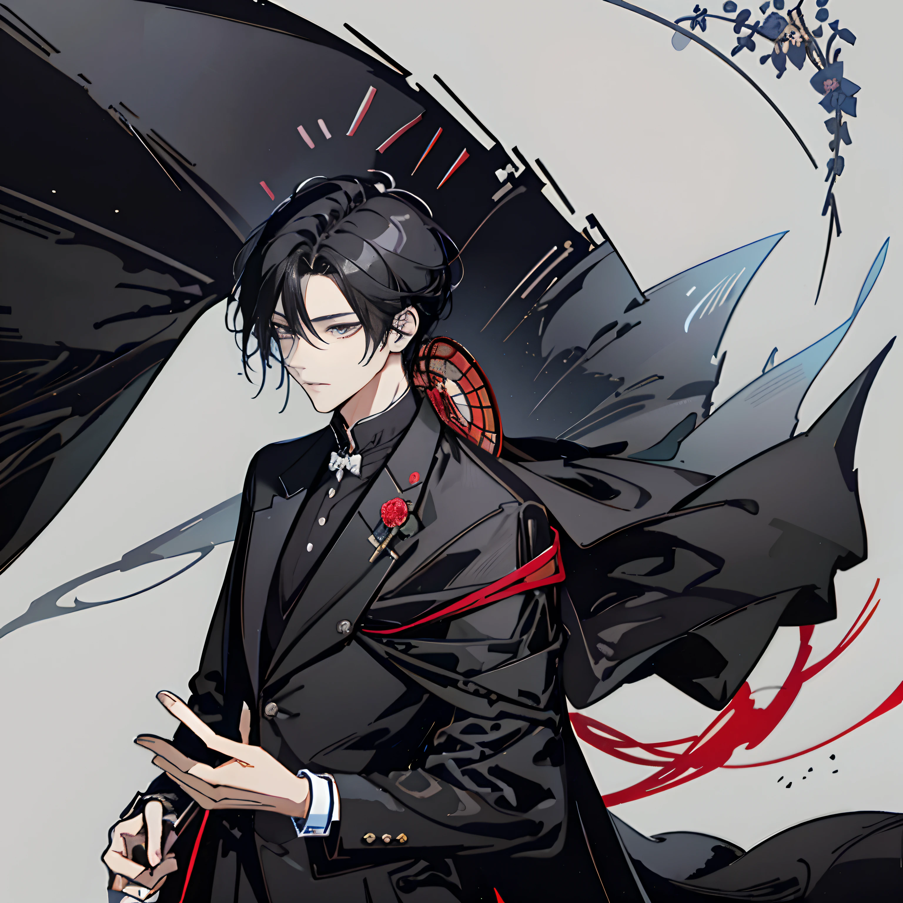 Anime - Long black straight hair,Long haired boy in suit,Frontal photo,Elegant and desperate,face expressionless,Sense of darkness,largeeyes,Gloomy scene street scene,Rainy days,46090000 pixels exquisite art style,4K illustration,inspired by Yamagata Hiro、illustration:Shigeru Aishima and Masanobu Okumura,In black suit,Urban style,Taisho Roman style,Handsome anime pose,hijikata toushirou,Anime handsome man,Top image quality,8K分辨率。
