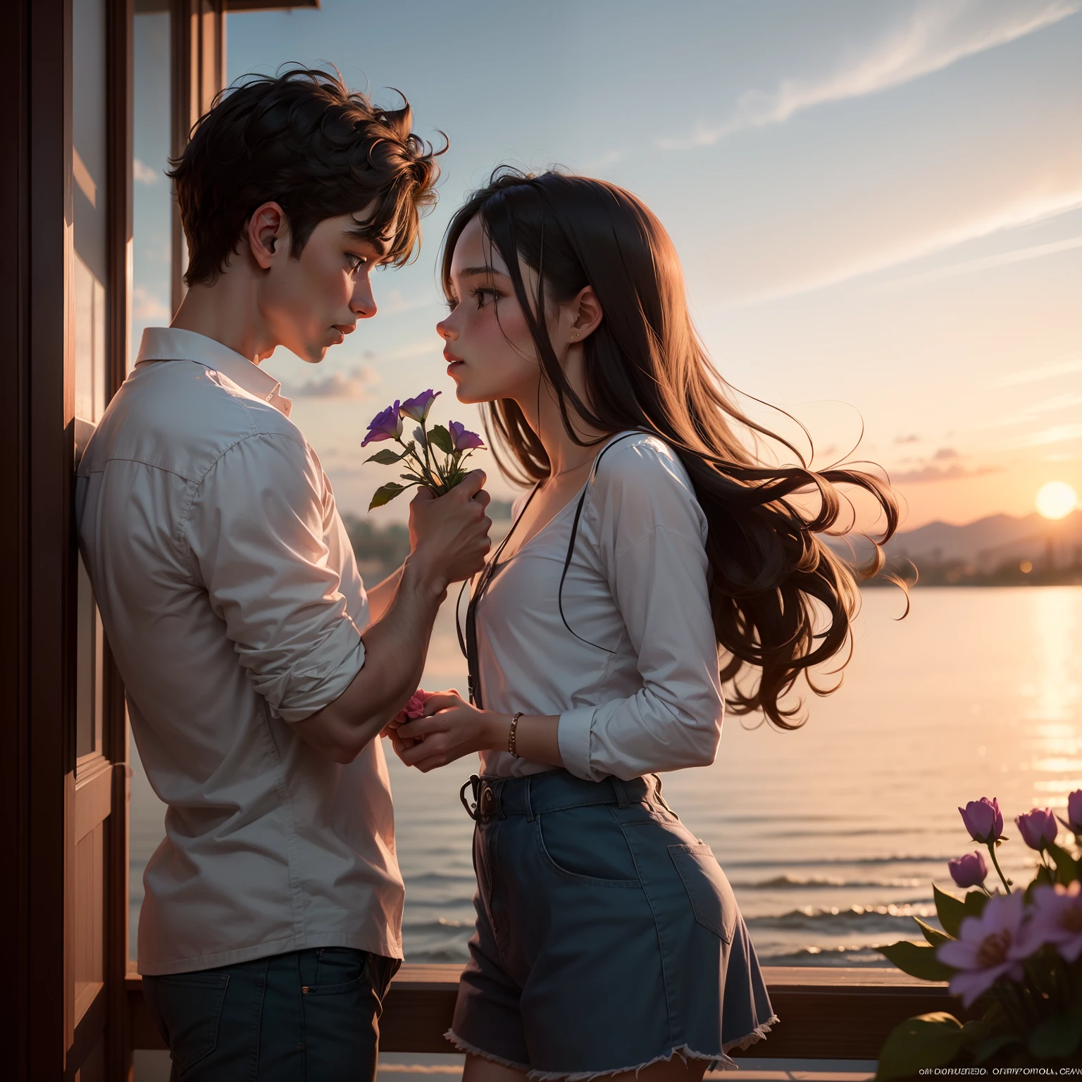 Thursday Couple - Travis and Tara: Illustrate a sweet moment of a strong boy (Travis) offering a flower to an elegant girl (Tara) against a warm sunset backdrop.