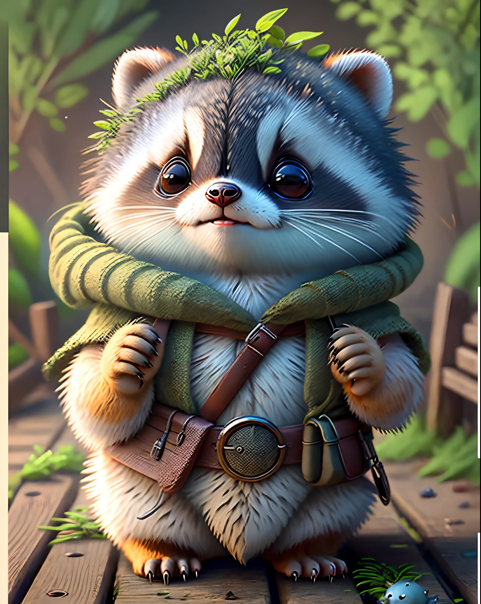 Top image quality、"Create cute creature masterpieces with inspired ultra-detailed concept art. Let your imagination come alive", （Raccoons）, high detailing, in 8K、Top image quality、Dressed as a hunter in medieval Europe、Carrying a bow and arrow and a bow holder on his back、