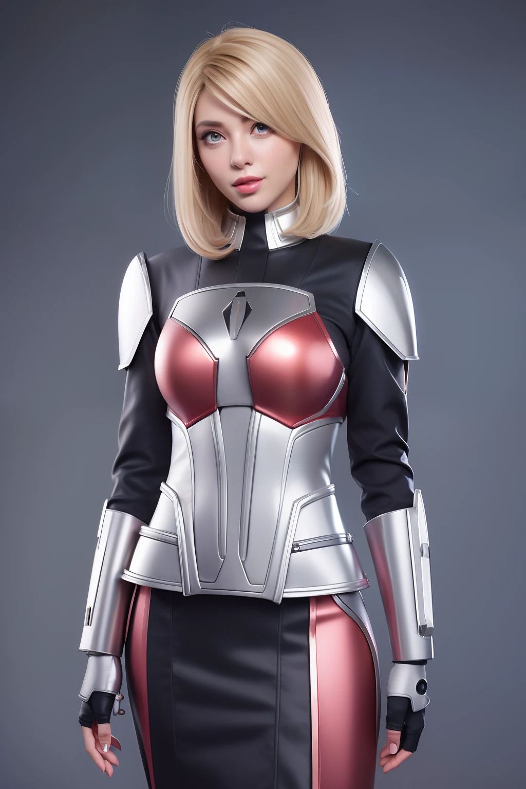 Beautiful Face Woman、a blond、Silver background、 Beautuful Women、18year old、prety woman、hyper realistic photography、High-definition photos、Red Lipstick、Mandalorian Style Metal Armor Skirt Suit、big eye、The skin is not very exposed、Do not cut your head off the screen、skirt by the、robot suit