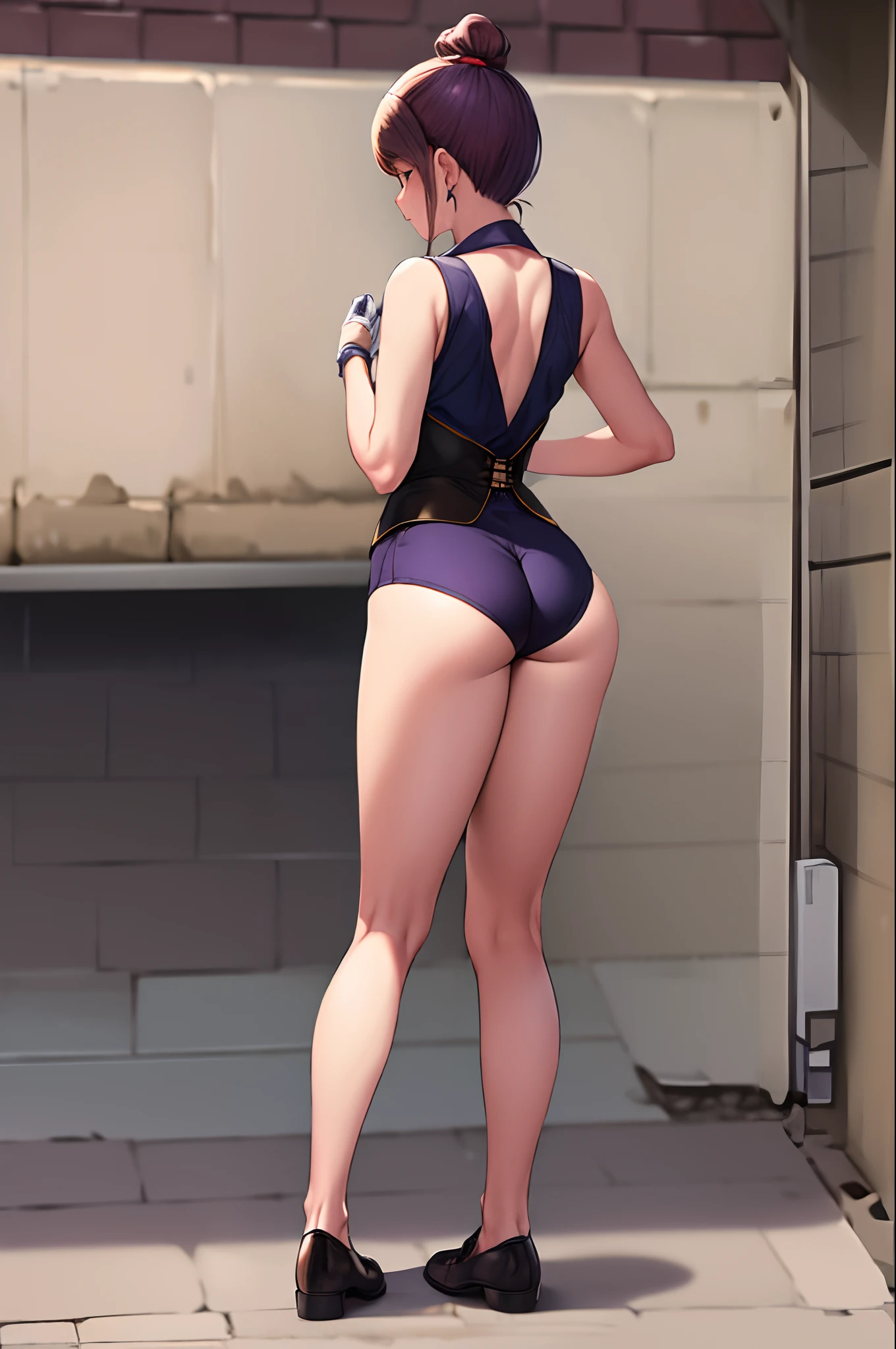 masterpiece, best quality, highres, mujina, solo, white gloves, necktie, purple shorts, short necktie, corset, purple necktie, light brown hair, short shorts, sleeveless, bangs, from behind, ass, standing, street, outdoors, surprised,