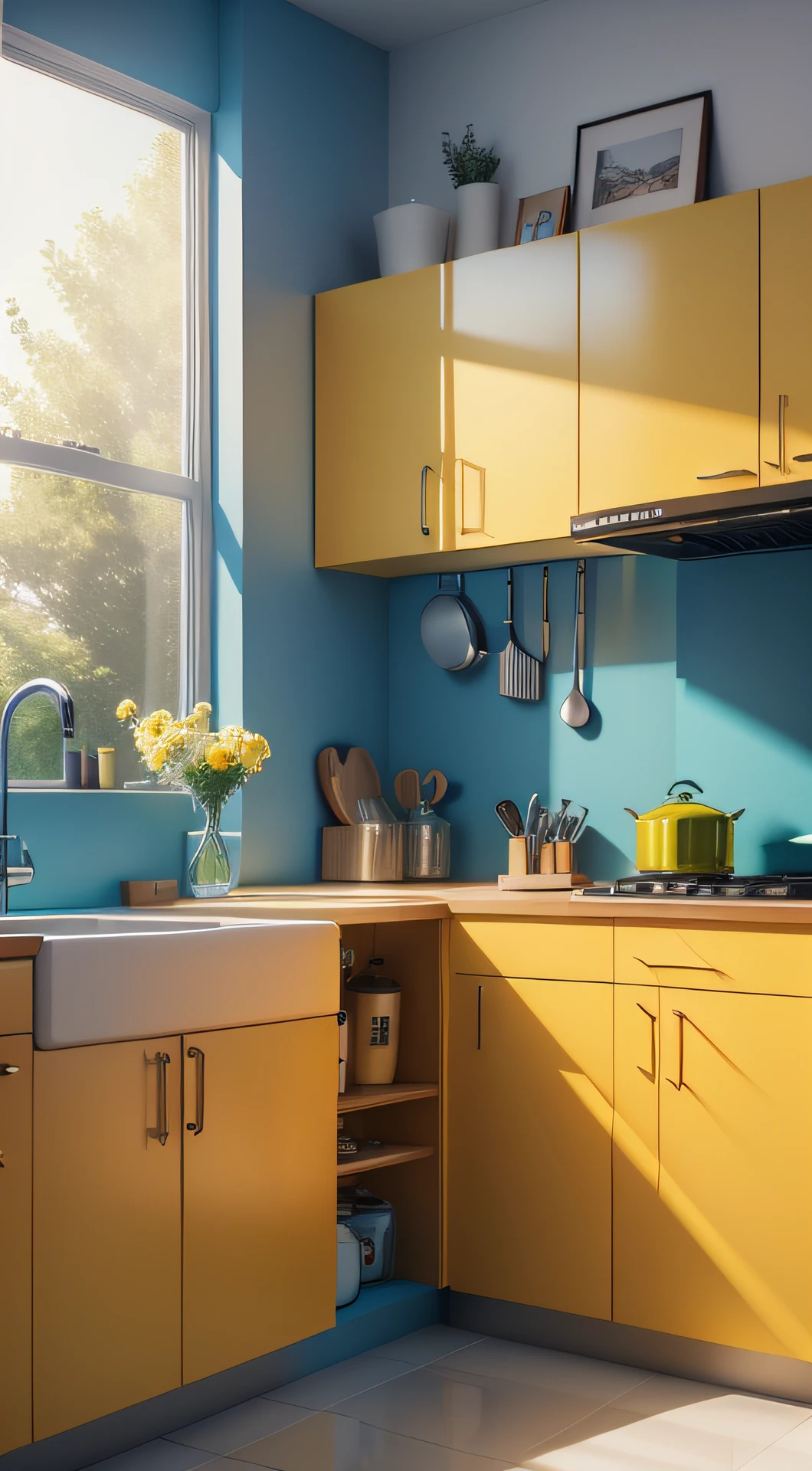 The modern kitchen is decorated with natural light and shades in a blue and yellow color scheme Reality 1:1 With 135 kitchen as the main background,Actively pay attention to grass, Warm color warm color cartoon offset printing C4D 3D blender