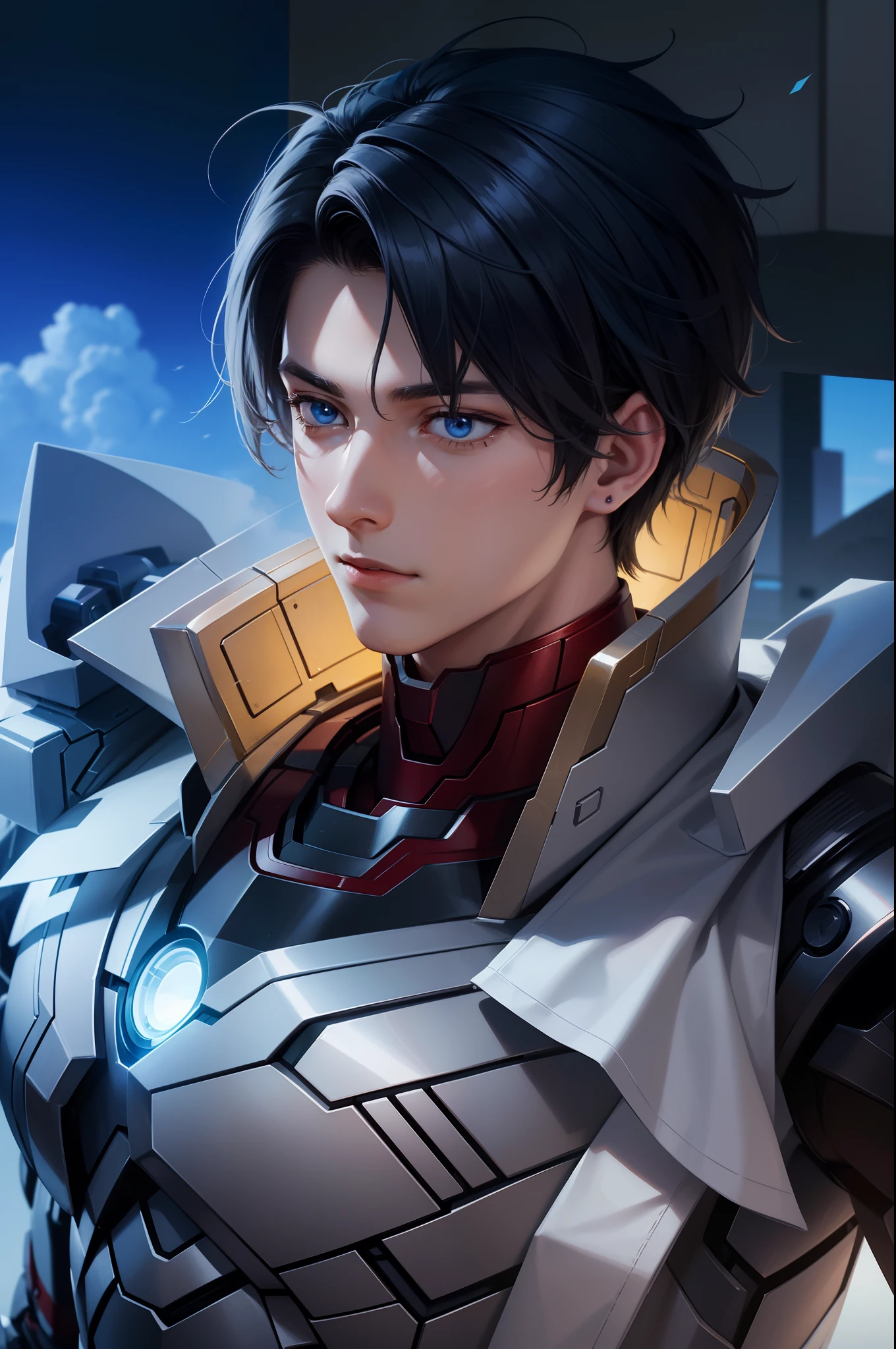 Attractive profile picture, masterpiece, ultra-precise rendering, beautiful and cool young man, trustworthy, dependable young man, savior of the world, simple design, most beautiful image, 4K, light blue eyes, the color of the clothes is the same as the original, iron man clothes.