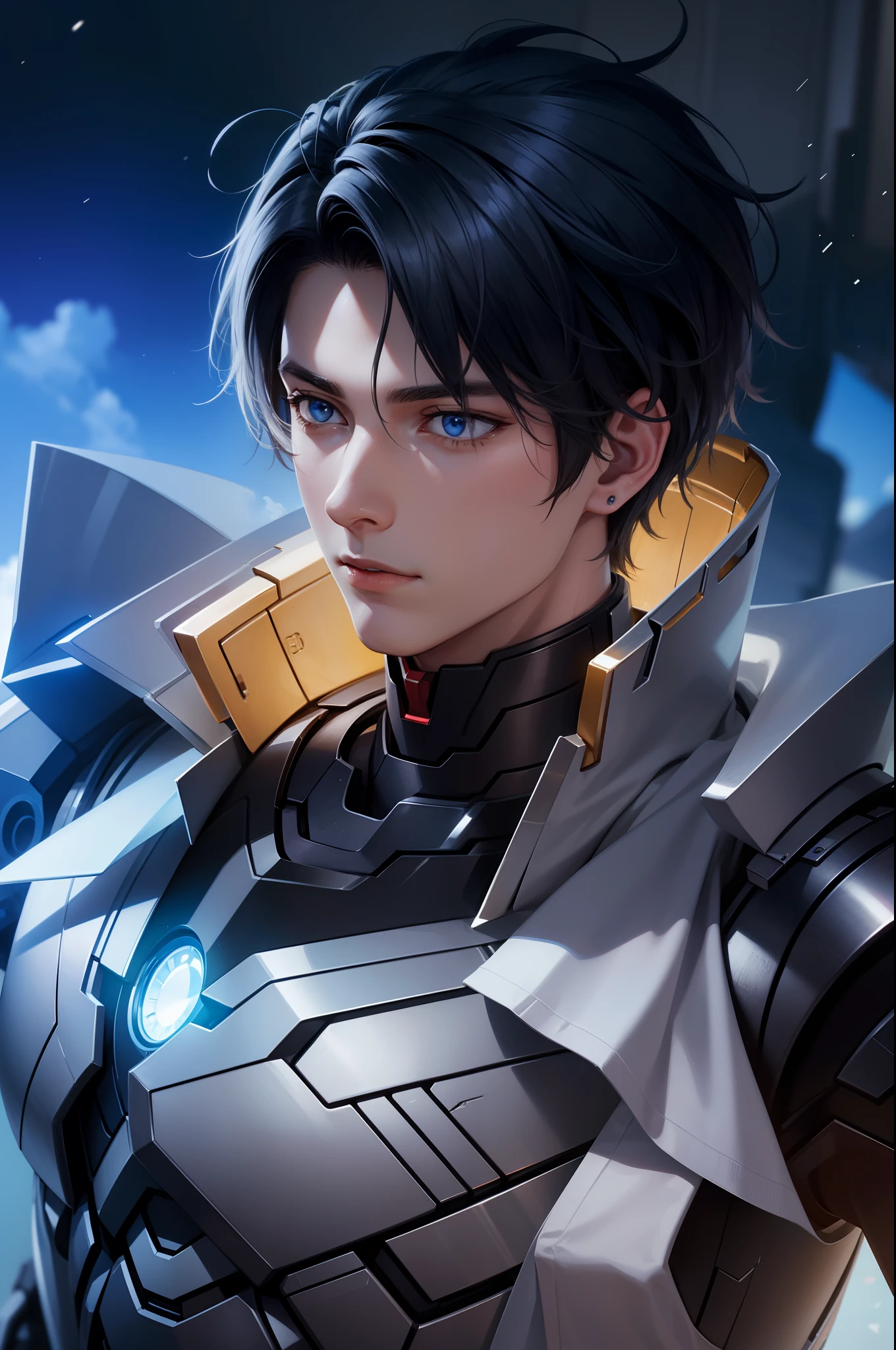 Attractive profile picture, masterpiece, ultra-precise rendering, beautiful and cool young man, trustworthy, dependable young man, savior of the world, simple design, most beautiful image, 4K, light blue eyes, the color of the clothes is the same as the original, iron man clothes.