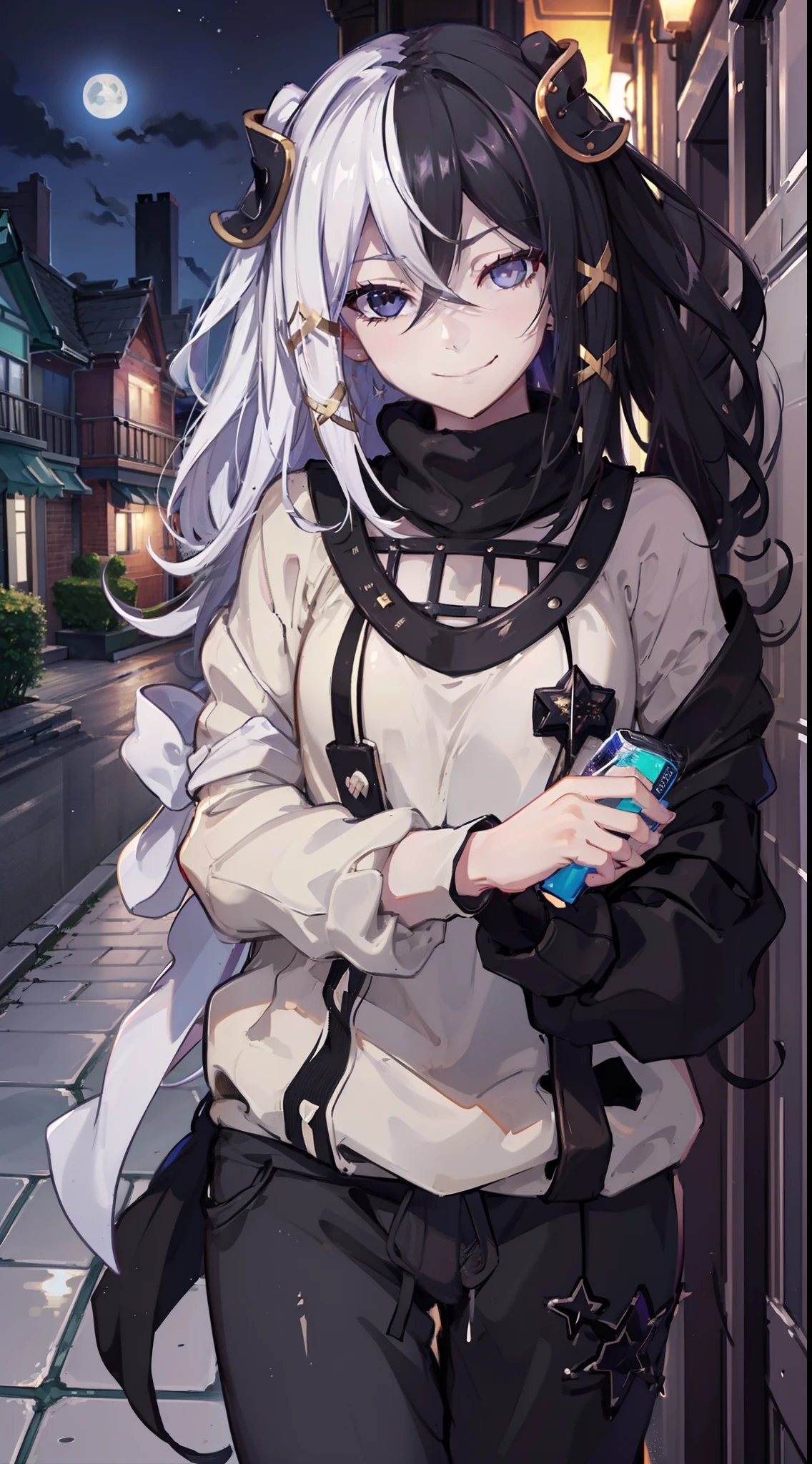 night time, neighbourhood, outside, dark sky, stars, moon, black sweater, sweatpants, going to convenience store, naughty smile, domineering smile, arrogant expression, cocky attitude, masterpiece, best quality,