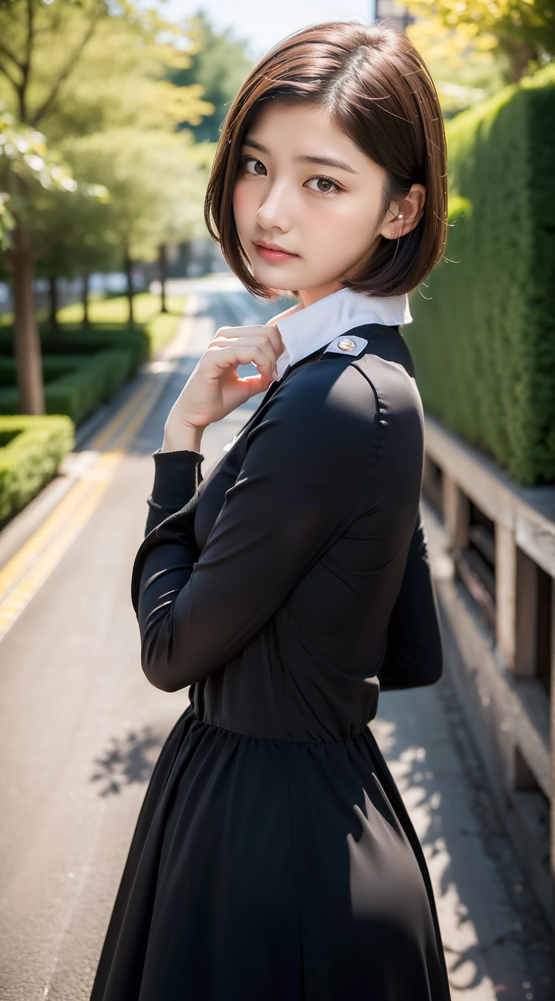 (), (Beautiful),(girl with),(18year old:1.9),((get blush:1.2)),(embarrassed:1.3),(),(in 8K),(),Japan cute girls,raw,portlate,Photorealsitic,超A high resolution,Best Quality,Natural lighting,
BREAK
((Black Dress:With white-collar:1.8,long-sleeve:frilld:)),(Big ass),(thick thight:1.3),(Plump body:),(bob cuts:1.6,Brown hair:1.3),
BREAK
(Natural Skin Texture,Detailed skin, Hyper-Realism,ultra sharpness),Intricate details,depth of fields,