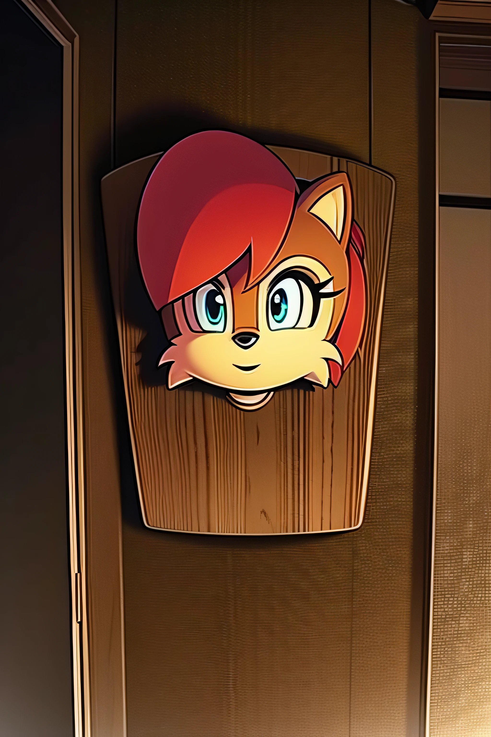 "mounted Sally Acorn head serving as a striking hunting trophy hanging on the wall", (disembodied head), (head)