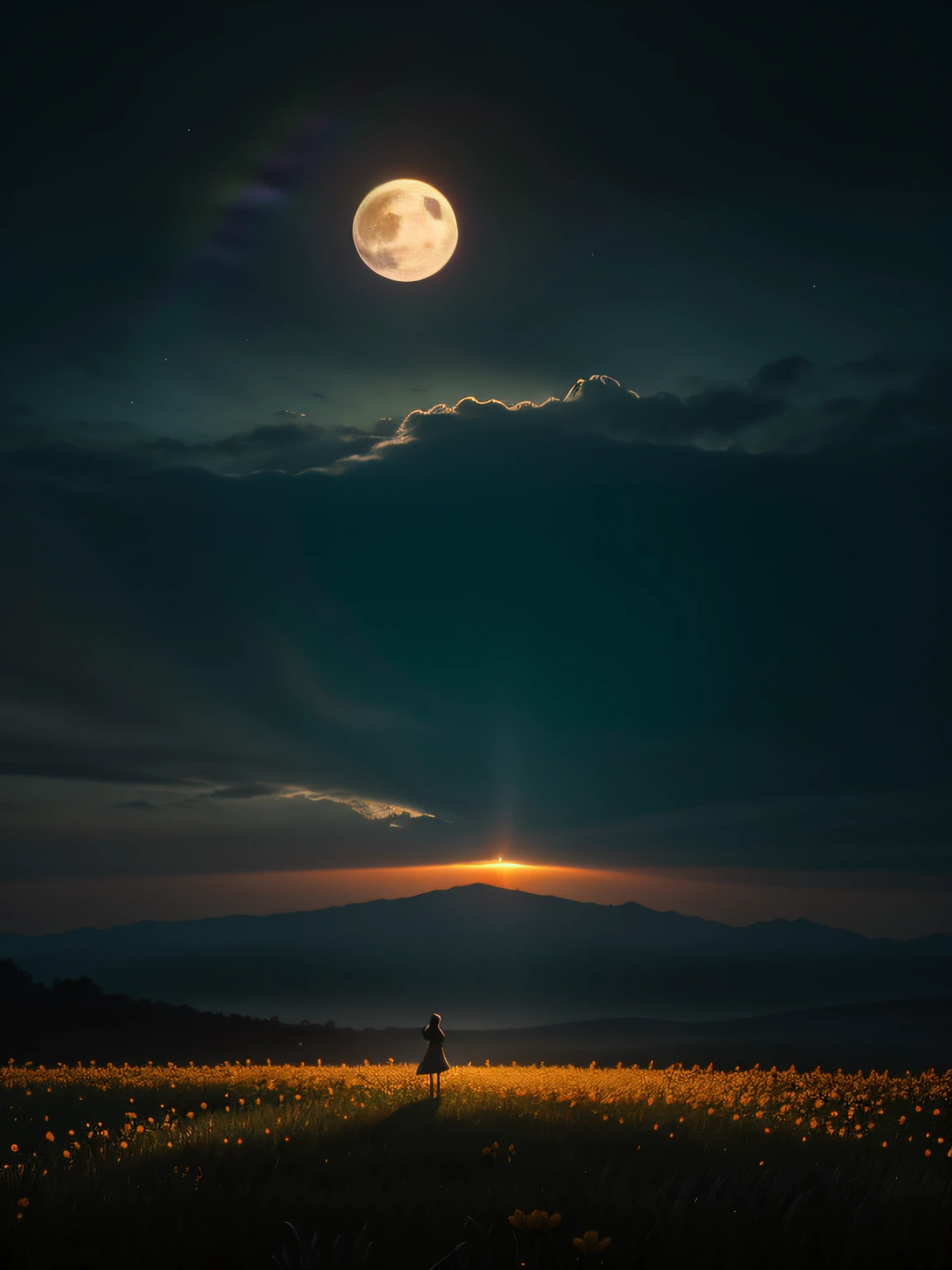 A wide landscape photo, (viewed from below, the sky is above, and the open field is below), a girl standing on a flower field looking up, (full moon: 1.2), (meteor: 0.9), (nebula: 1.3), distant mountains , Trees BREAK Crafting Art, (Warm Light: 1.2), (Firefly: 1.2), Lights, Lots of Purple and Orange, Intricate Details, Volumetric Lighting BREAK (Masterpiece: 1.2), (Best Quality), 4k, Ultra Detailed, (Dynamic Composition: 1.4), Rich in Detail and Color, (Rainbow Color: 1.2), (Glow, Atmospheric Lighting), Dreamy, Magical, (Solo: 1.2)