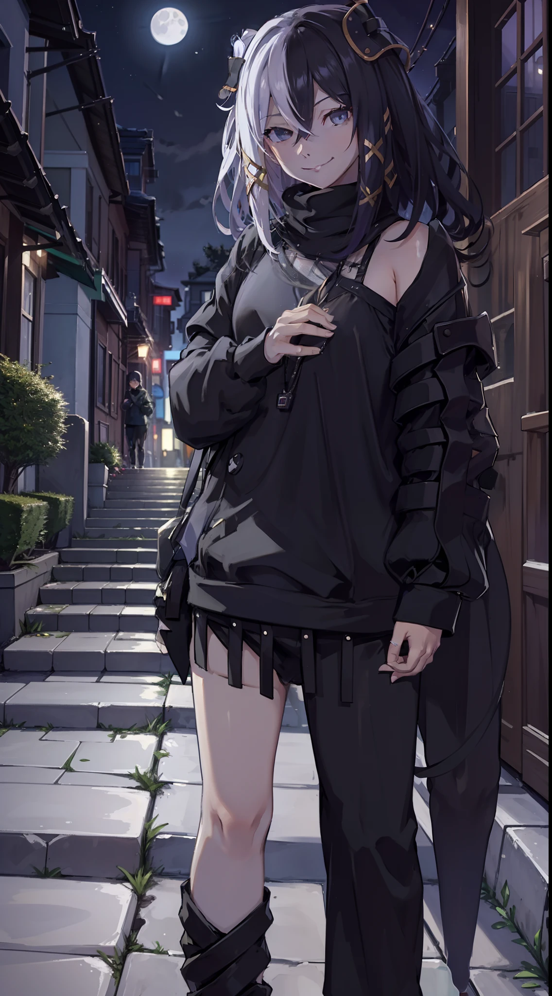 night time, neighbourhood, outside, dark sky, stars, moon, black sweater, sweatpants, going to convenience store, naughty smile, domineering smile, arrogant expression, cocky attitude, masterpiece, best quality,