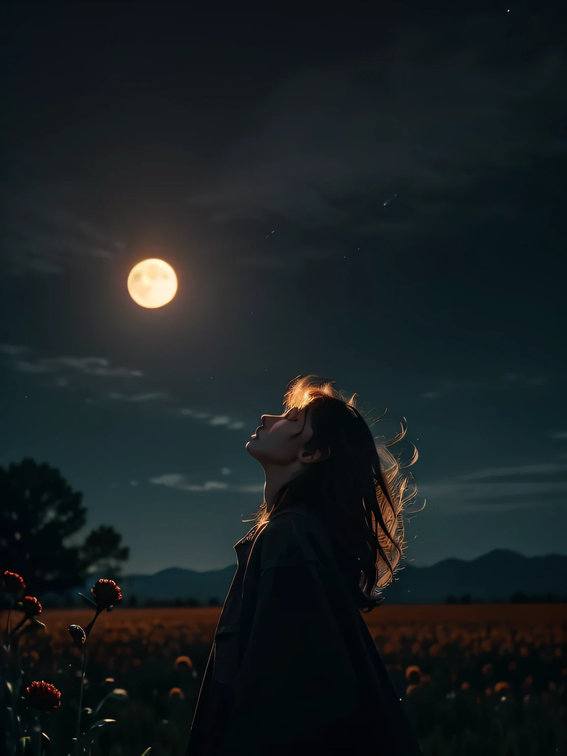 A wide landscape photo, (viewed from below, the sky is above, and the open field is below), a girl standing on a flower field looking up, (full moon: 1.2), (meteor: 0.9), (nebula: 1.3), distant mountains , Trees BREAK Crafting Art, (Warm Light: 1.2), (Firefly: 1.2), Lights, Lots of Purple and Orange, Intricate Details, Volumetric Lighting BREAK (Masterpiece: 1.2), (Best Quality), 4k, Ultra Detailed, (Dynamic Composition: 1.4), Rich in Detail and Color, (Rainbow Color: 1.2), (Glow, Atmospheric Lighting), Dreamy, Magical, (Solo: 1.2)