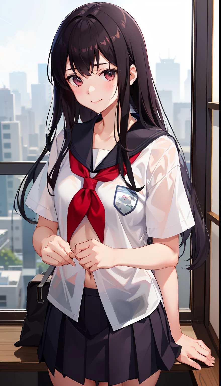 1girl in、A smile、The shirt、skirt by the、（small tits）Chilarism、Japan High School Student Uniform、serafuku、summer clothing、Squall Drenched Uniform、（Sheer Bra）、Upper body portrait、Sleeping in large letters、