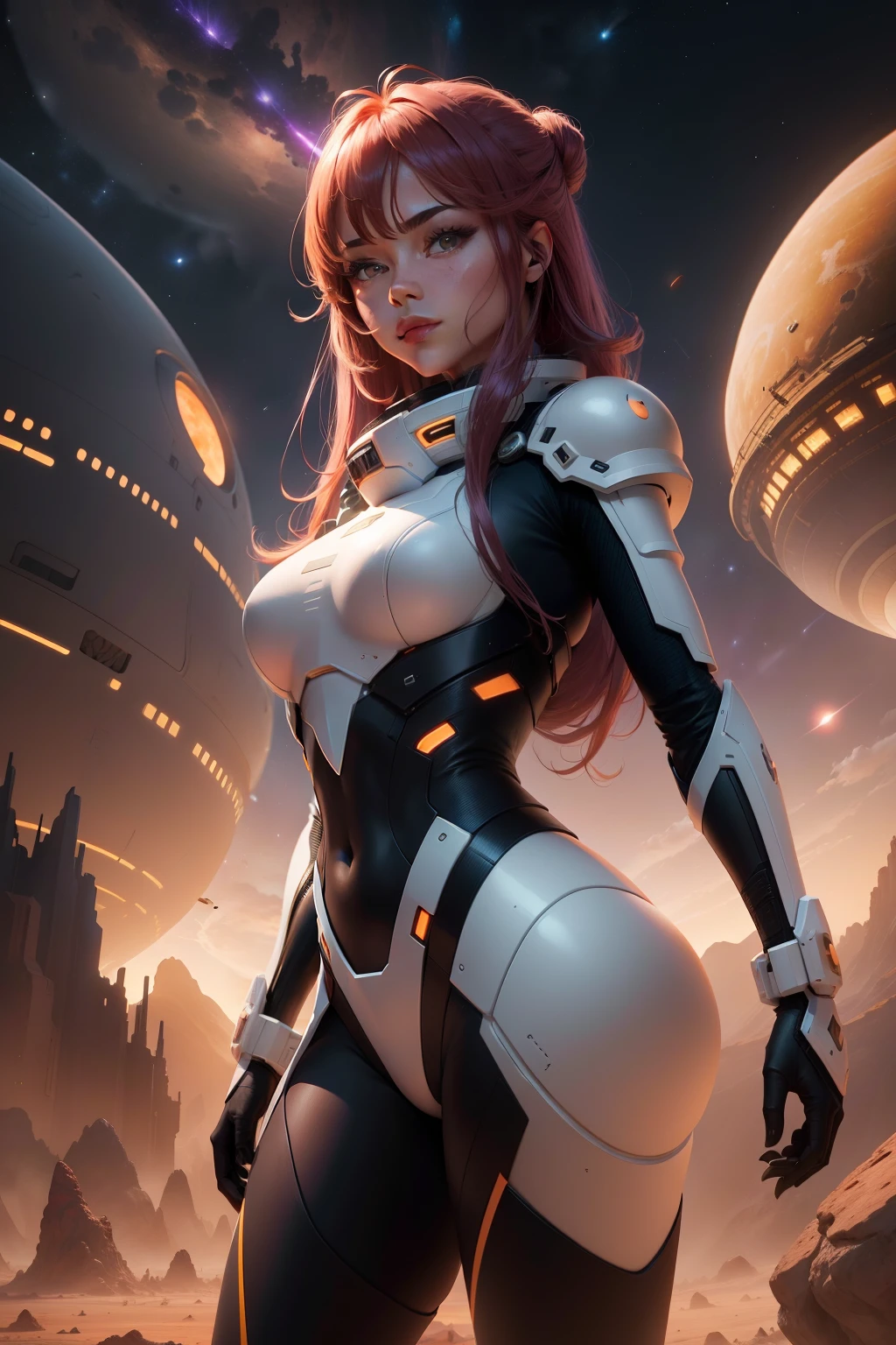 Clean smooth simple lines antistyle an extreme long shot of an armored female space and planet explorer with slightly reddish tinted hair, without neck callor in an open and large terrain, open terrain of an arid alien world with Saturn like planets visible in the night sky, sci-fi planet-scapes as far as the eye can see satellites spaceships and shooting stars, alien mega city in the distance with spiral buildings reaching to the sky, hyperdetailed photorealistic 24k resolution in the style of Ray Bradberry, orange pink inky black and purple color scheme.