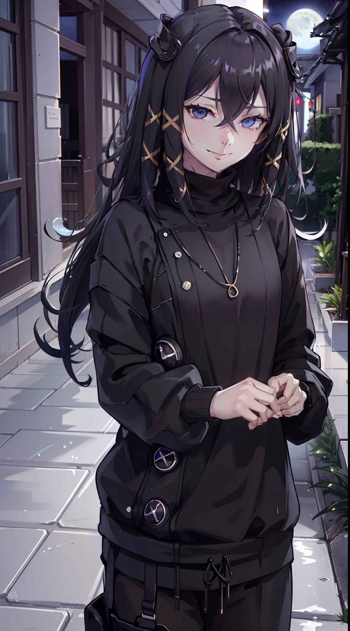 night time, neighbourhood, outside, dark sky, stars, moon, black sweater, sweatpants, going to convenience store, naughty smile, domineering smile, arrogant expression, cocky attitude, masterpiece, best quality,
