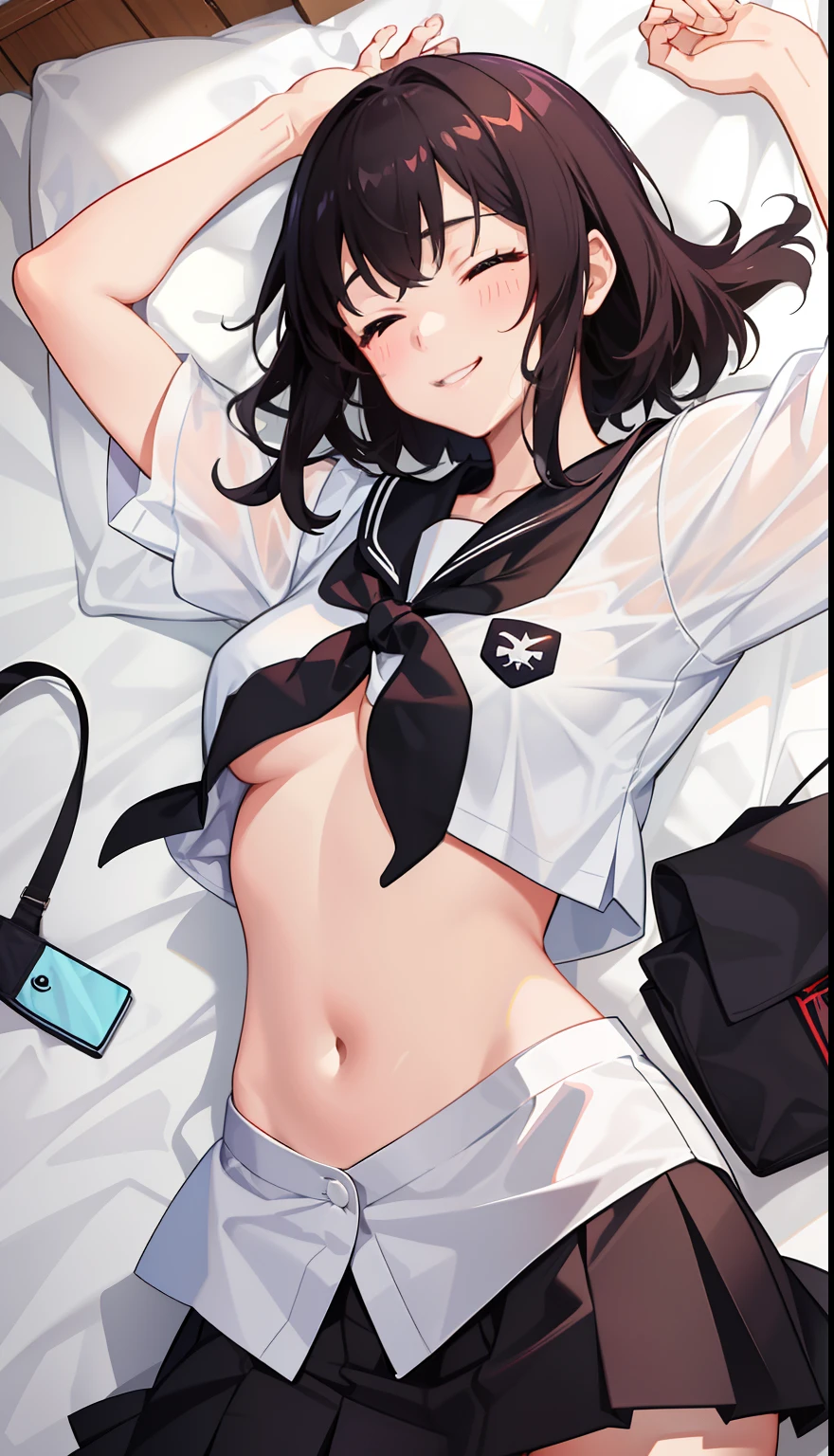 1girl in、A smile、The shirt、skirt by the、（small tits）Chilarism、Japan High School Student Uniform、serafuku、summer clothing、Squall Drenched Uniform、（Sheer Bra）、Upper body portrait、Sleeping in large letters、