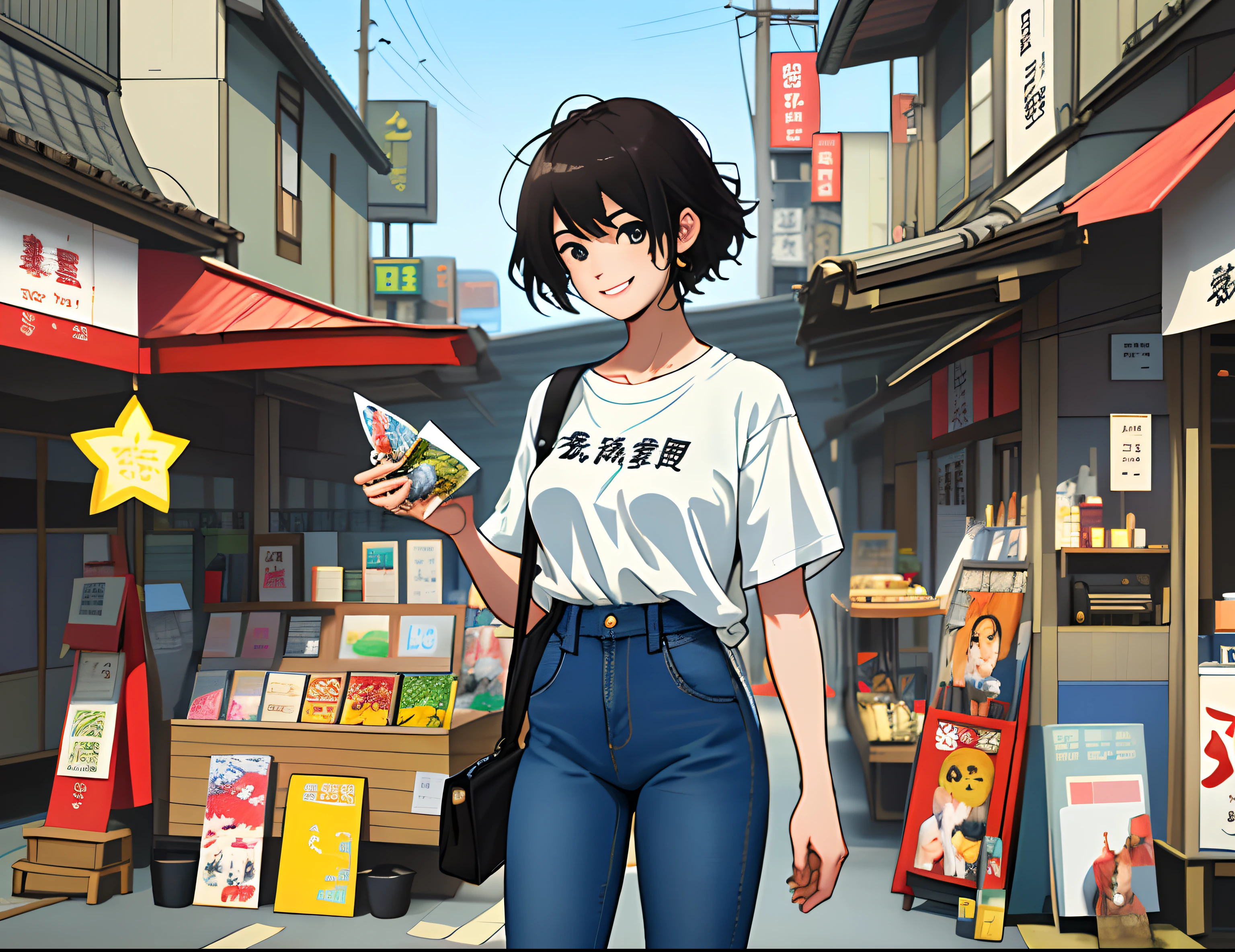 A young woman named Yang Feiyue、Standing in the nostalgic town of Showa with a lively Japan, Contemporary Rough T-Shirt and Jeans、Holding a movie flyer in your hand, Surrounded by stalls, There was anticipation and a slight smile on her face.,  ,In the style of the star art group Xing, 32K, Best Quality, masutepiece, Super Detail, high details