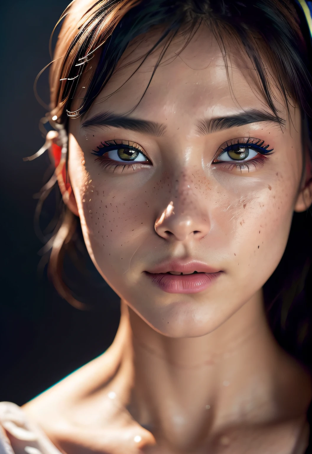 Raw photography、22-year-old girl、Blue Hoodie、(1girl in)、(realisitic)、(Photorealsitic:1.5)、lipsticks、hitornfreckles、Multicolor Hair、a choker、(Raw photography、8K UHD、film grains)、Sharp eyeliner、Blush eyeshadow with thick eyelashes、extremely delicate and beautiful、8K、(Soft lighting)、hightquality、hight resolution、foco nítido、ighly detailed、during the day、(sunlight on face)、beatiful detailed eyes、 extremely detailed eye and face、masterpiece、(lighting like a movie)、(high-detail skin:1.2)、8K UHD、Digital SLR、Soft lighting、hightquality、film grains、masterpiece, top-quality, hightquality, hight resolution