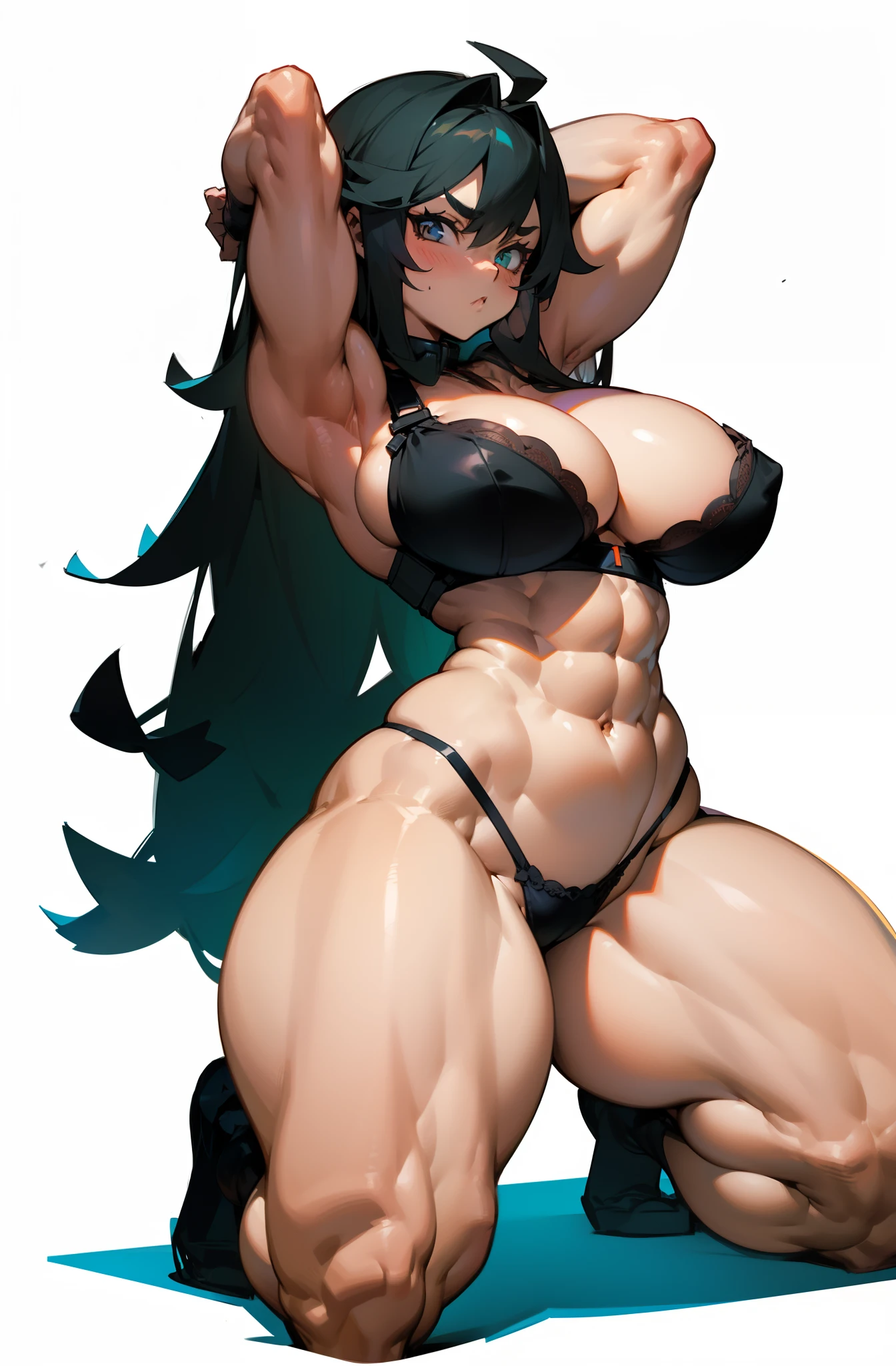 1girl, solo, long hair, (kneeling down), angry, ((perfect anatomy)), spreading legs, looking at viewer, presenting, ((((thick thighs)))), ((((huge breasts)))), (muscular), (bra and panties), arms over head