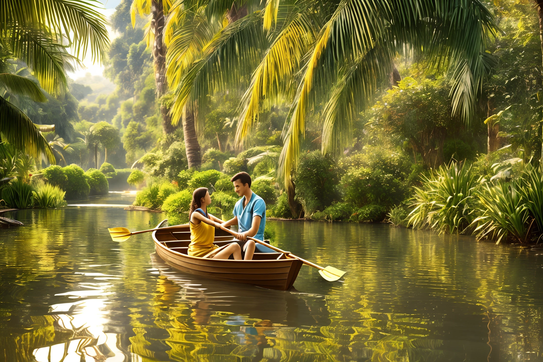 One beautiful boy and beautiful girl rowing the boat in a golden fountain found The lost city of gold in golden jungle realstic  , clearity  4k, nostalgic, masterpiece, old time building's & artifacts made of gold,beautiful scenery --auto --s2