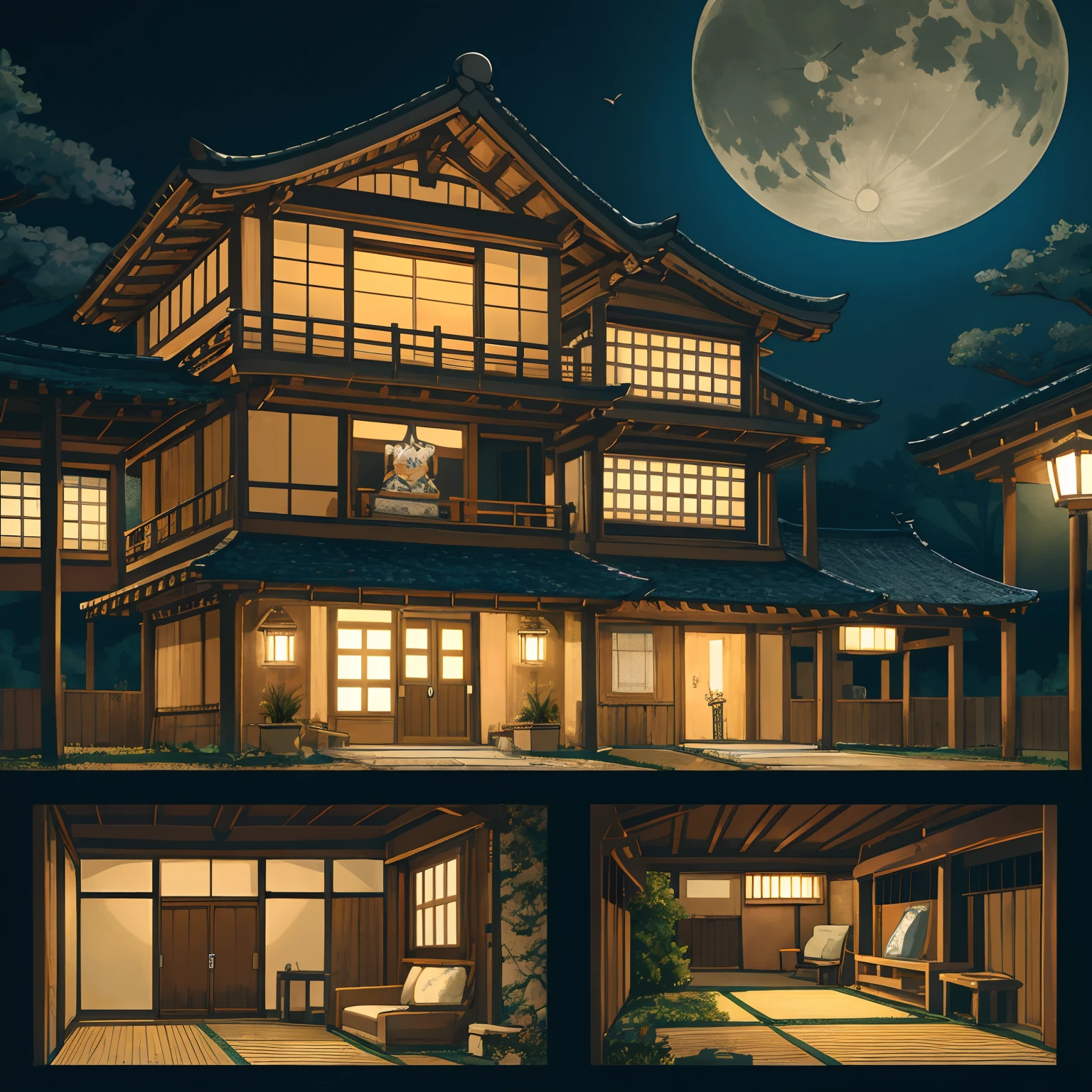 top quality, best quality, High-quality illustrations, masterpiece, super high resolution, highres, absurdres(highly detailed beautiful face and eyes)perfect anatomy, detailed background, User Interface of game, side view game, night, japanese house, deteriorated furniture, windows, moonlight, 6+boys, 6+girls, expression, good lighting, cinematic shadow(kemono, furry anthro)assorted poses,