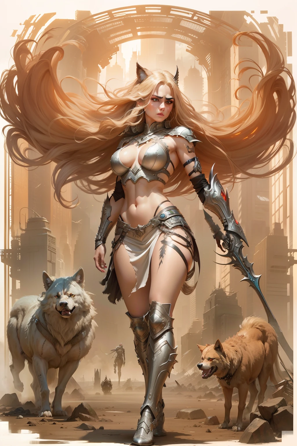 futuristic city tall buildings 3 moons modern cars, intense gaze, anger, a hyper realistic ultra detailed photograph of a futuristic beautiful blonde barbarian woman wearing at a dystopian city, tattered outfit with rusty metal armor plates, natural long wild hair light red tint, tattooed hands and body, fashion pose with a thin muscular athletic four legged dystopian dire wolf, detailed symmetric beautiful hazel eyes with circular iris, detailed gorgeous face, apocalyptic environment, natural body posture, professional photographer, captured with professional DSLR camera, professional fantasy artists, professional rococo and baroque background artists, professional artstation and cgsociety artists, professional official art artists, rococo and baroque,64k,ultra detailed, ultra attractive beautiful,ultra accurate detailed, ultra attractive lighting, ultra unreal engine, by TanvirTamim, intricate, epic, trending on artstation, by artgerm, h. r. giger and beksinski, highly detailed, vibr