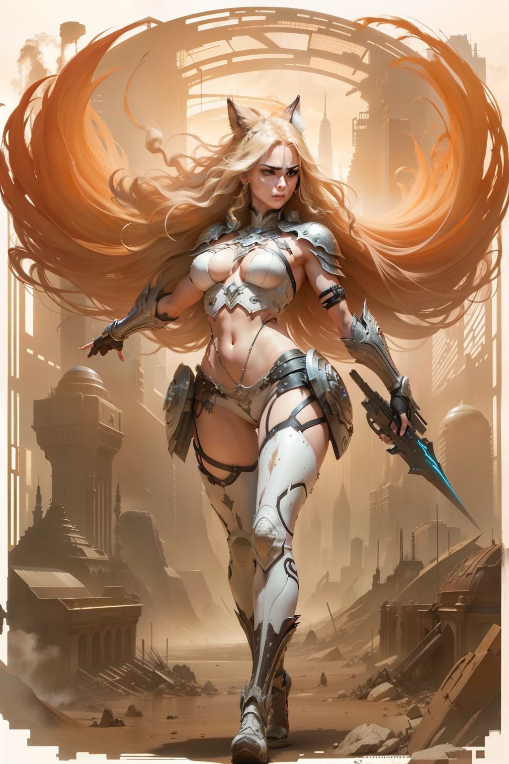 futuristic city tall buildings 3 moons modern cars, intense gaze, anger, a hyper realistic ultra detailed photograph of a futuristic beautiful blonde barbarian woman wearing at a dystopian city, tattered outfit with rusty metal armor plates, natural long wild hair light red tint, tattooed hands and body, fashion pose with a thin muscular athletic four legged dystopian dire wolf, detailed symmetric beautiful hazel eyes with circular iris, detailed gorgeous face, apocalyptic environment, natural body posture, professional photographer, captured with professional DSLR camera, professional fantasy artists, professional rococo and baroque background artists, professional artstation and cgsociety artists, professional official art artists, rococo and baroque,64k,ultra detailed, ultra attractive beautiful,ultra accurate detailed, ultra attractive lighting, ultra unreal engine, by TanvirTamim, intricate, epic, trending on artstation, by artgerm, h. r. giger and beksinski, highly detailed, vibr