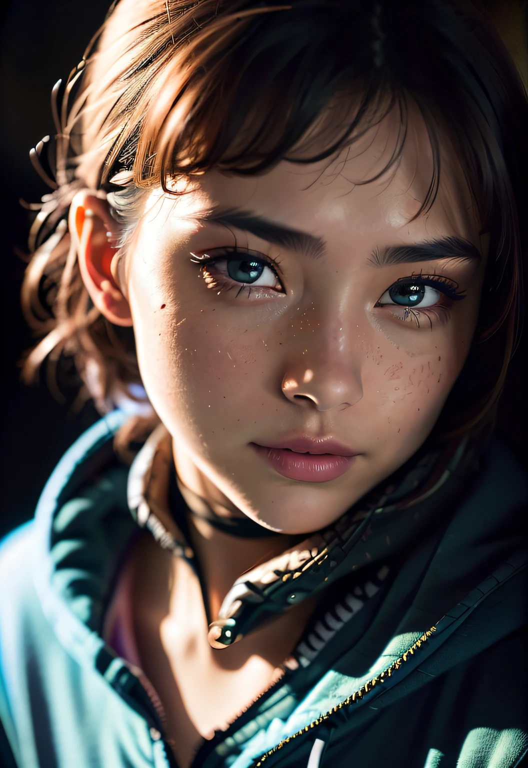 Raw photography、22-year-old girl、Blue Hoodie、(1girl in)、(realisitic)、(Photorealsitic:1.5)、lipsticks、hitornfreckles、Multicolor Hair、a choker、(Raw photography、8K UHD、film grains)、Sharp eyeliner、Blush eyeshadow with thick eyelashes、extremely delicate and beautiful、8K、(Soft lighting)、hightquality、hight resolution、foco nítido、ighly detailed、during the day、(sunlight on face)、beatiful detailed eyes、 extremely detailed eye and face、masterpiece、(lighting like a movie)、(high-detail skin:1.2)、8K UHD、Digital SLR、Soft lighting、hightquality、film grains、masterpiece, top-quality, hightquality, hight resolution