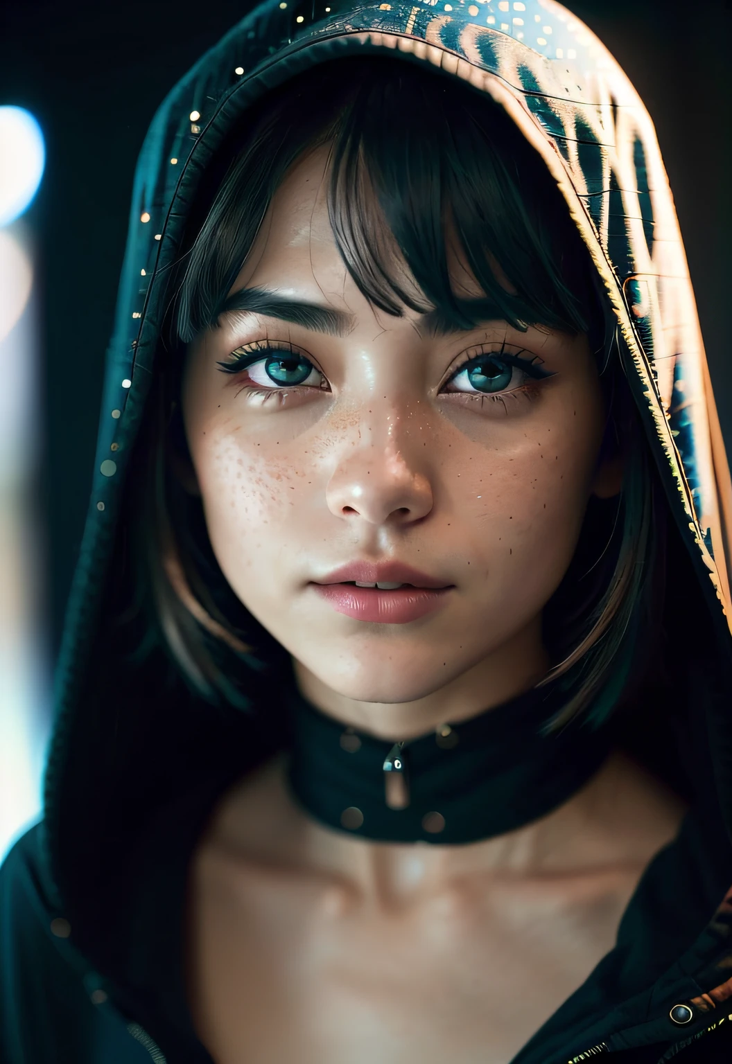 Raw photography、22-year-old girl、Blue Hoodie、(1girl in)、(realisitic)、(Photorealsitic:1.5)、lipsticks、hitornfreckles、Multicolor Hair、a choker、(Raw photography、8K UHD、film grains)、Sharp eyeliner、Blush eyeshadow with thick eyelashes、extremely delicate and beautiful、8K、(Soft lighting)、hightquality、hight resolution、foco nítido、ighly detailed、during the day、(sunlight on face)、beatiful detailed eyes、 extremely detailed eye and face、​masterpiece、(lighting like a movie)、(high-detail skin:1.2)、8K UHD、Digital SLR、Soft lighting、hightquality、film grains、​masterpiece, top-quality, hightquality, hight resolution
