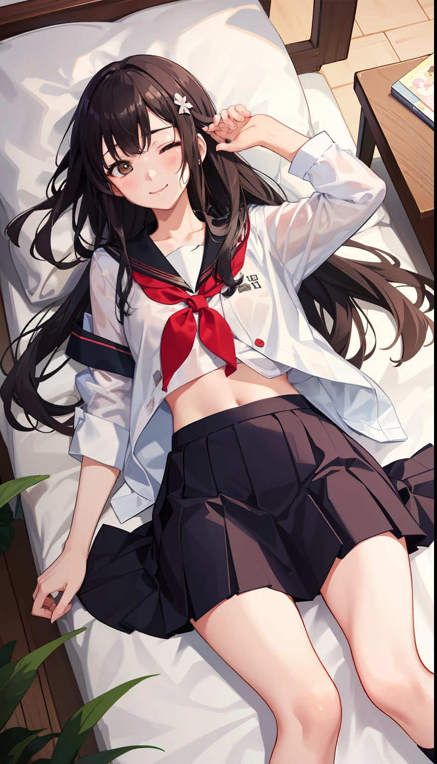 1girl in、A smile、The shirt、skirt by the、(small tits)Chilarism、Japan High School Student Uniform、serafuku、summer clothing、Squall Drenched Uniform、(Sheer Bra)、Upper body portrait、Sleeping in large letters、I'm asleep、