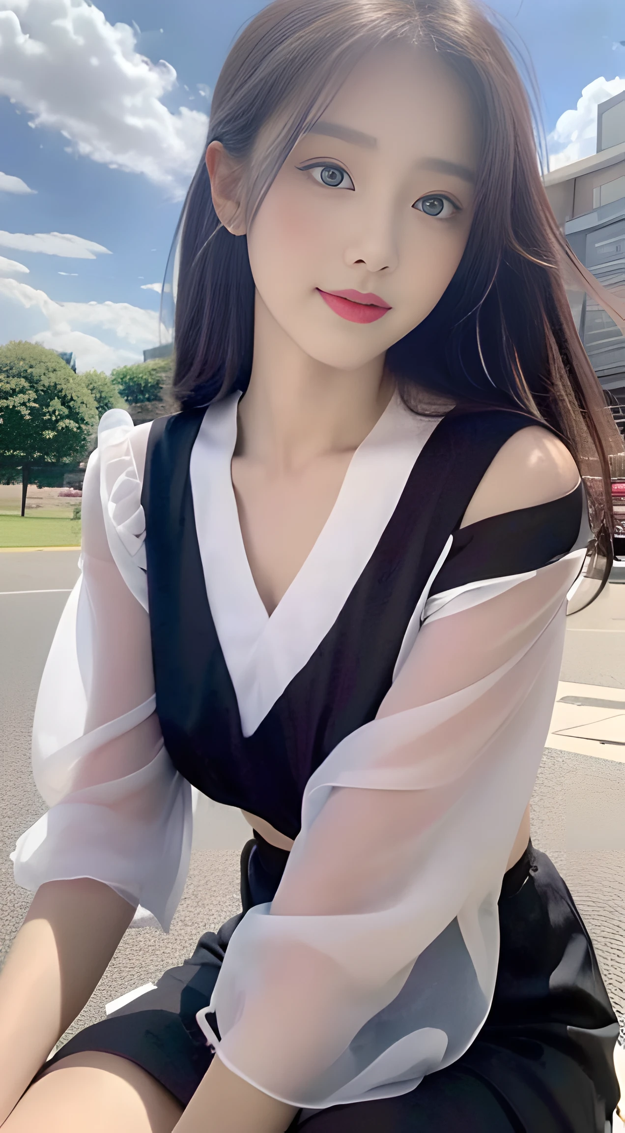 ((best qualtiy, 8k, tmasterpiece:1.3)), A pretty maiden,Pure,Melon seed face,gentle and cute,A sweet smile,Pure desire,Thin stature,(frontage),(Tilt your head),staring right into camera,uniform, obi, formal,Black silky long, straight hair,Long hair flowing over the shoulders,round black big eyes,clear big eyes,Hydrated red lips,sweet,Sit by the road,with blue sky and white clouds,grassy fields,buildings,(Chiffon skirt,Chiffon tops)telephoto shot