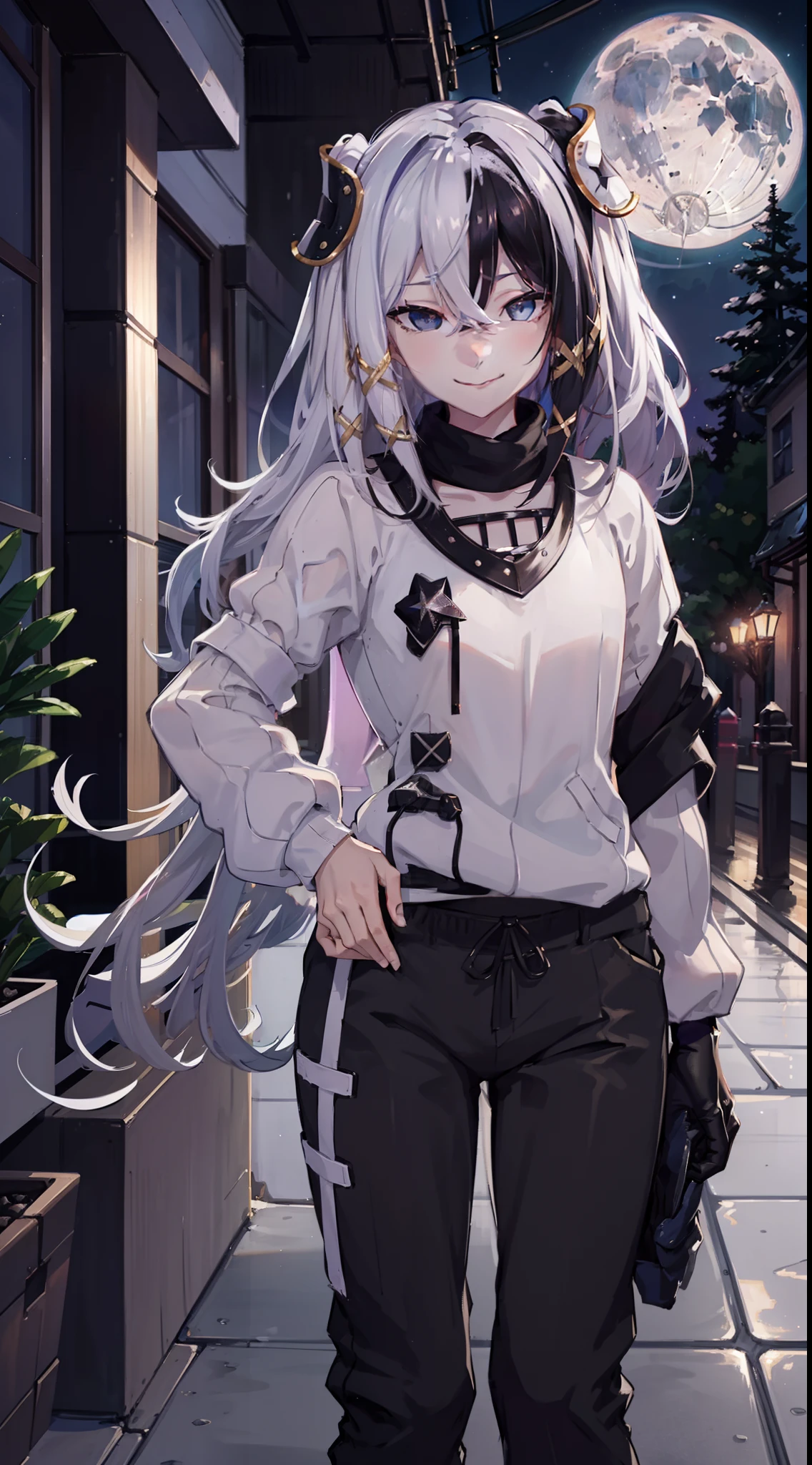 night time, neighbourhood, outside, dark sky, stars, moon, white sweater, black sweatpants, going to convenience store, naughty smile, domineering smile, arrogant expression, cocky attitude, masterpiece, best quality,