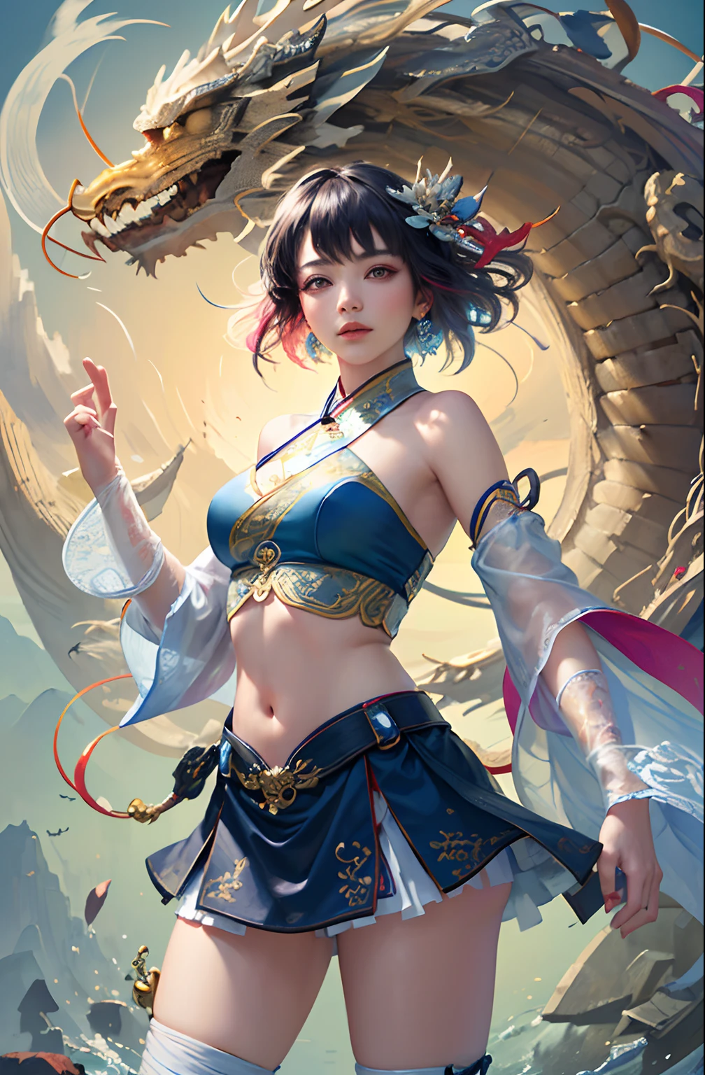 Official Art, Unified 8K Wallpapers, Ultra Detailed, Beautiful and Aesthetic, Masterpiece, Best Quality, (Zentangle, Tangle, Entangle), (fractal art: 1.4), (character center: 1.2), 1girl, black hair, Chinese, bare shoulders, short skirt, calf, navel, very detailed, dynamic angle, cowboyshot, (most beautiful form of chaos), ethereal, (bright colors), oc, (half: 1.2), china, (thangka flying sky: 1.5), (ribbon: 1.3), (dream: 1.5), (hanfu: 1.5), Chinese dragon, (smile: 0.5), (Chinese deity),