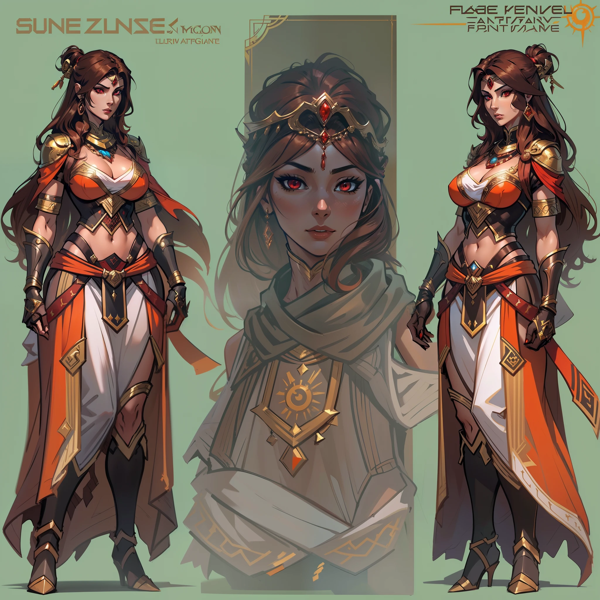 a close up of a strong amazon woman in her 30's, with red eyes and brown hair, wearing a black and red belly dancer attire, a heroine with red eyes, female mage with sun power, middle-eastern princess, standing in a middle-eastern temple, new costume concept design, in the style of blade and soul, full body character concept, detailed character design, lunar themed attire, costume with orange accents, colored concept art, highly detailed character design, highly detailed face, very highly detailed face, unreal engine render, final fantasy 14 style