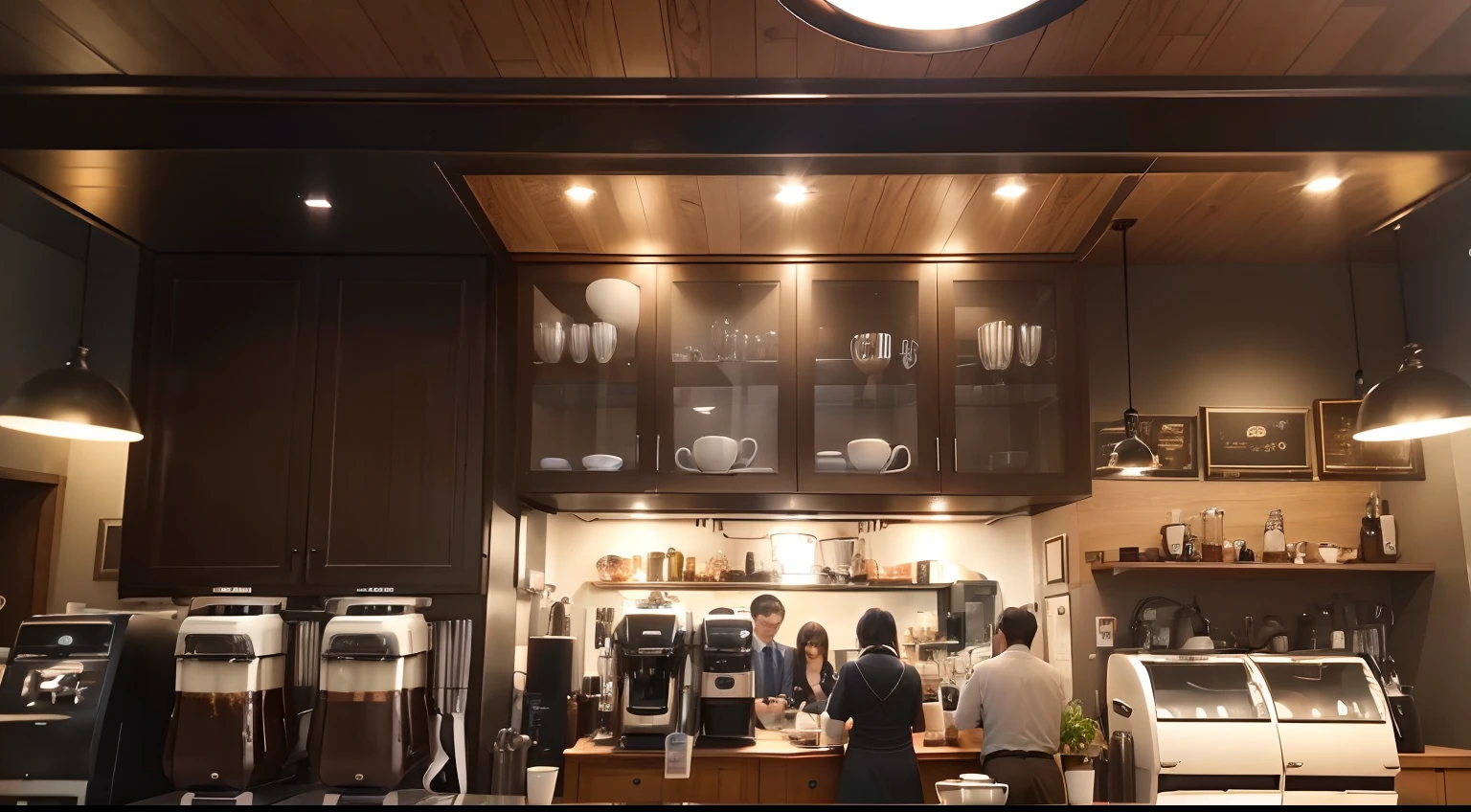 1 cafe counter. High detailed. Ultra resolution ((1 coffee machine). (3 coffee grinders). (1 personal computer)) high resolutuon. (1 glass cake cabinet in next to the counter). Big menu as backdrop. Elegant. Simple. Beatiful electric lights. (View from top. Detailed). Bright color