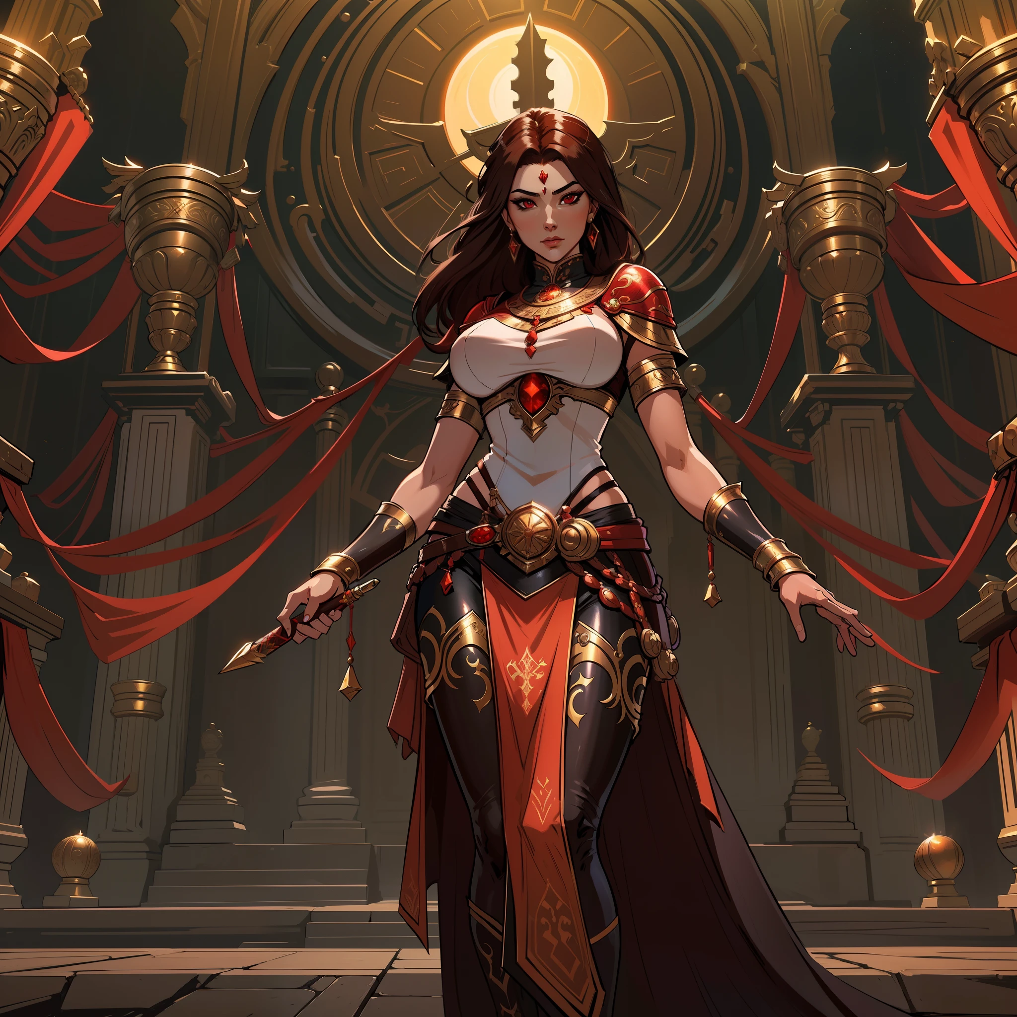 a close up of a strong amazon woman in her 30's, with red eyes and brown hair, wearing a black and red belly dancer attire, a heroine with red eyes, female mage with sun power, middle-eastern princess, standing in a middle-eastern temple, new costume concept design, in the style of blade and soul, full body character concept, detailed character design, lunar themed attire, costume with orange accents, colored concept art, highly detailed character design, highly detailed face, very highly detailed face, unreal engine render, final fantasy 14 style