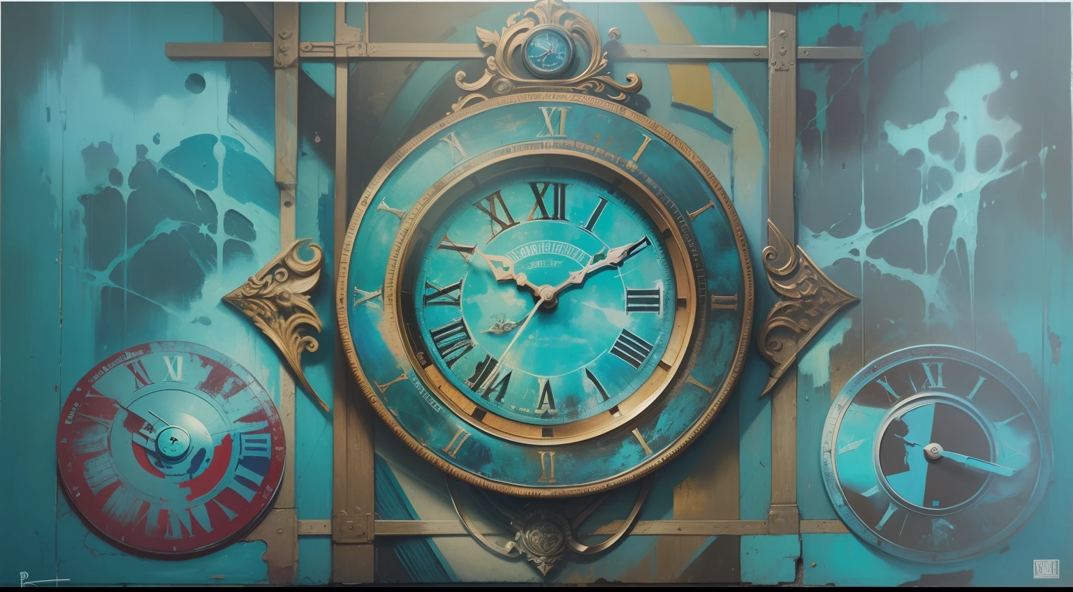 1 symbol, pintura, 1 clock with Roman numerals, grafite, tons de azul ciano, passagem do tempo, watch, oil-painting, arte, Cover for music album, rap, hip-hop.
