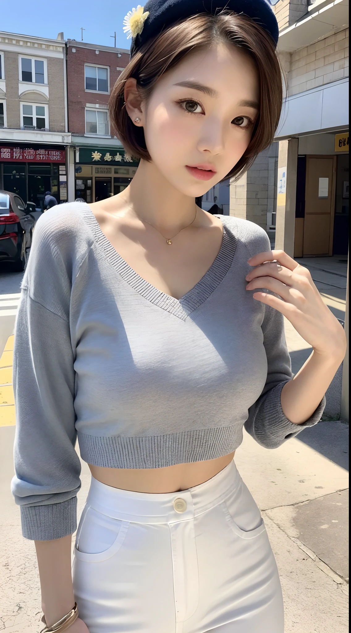 ((best qualtiy,8K,tmasterpiece:1.3)),(Flower Cap:1.3),Perfect beauty:1.4,glute:1.2,(Layered Hair Style:1.2)),(the street:1.3),Highly Detailed Face and Skin Textur,full bodyesbian,Elaborate Eyes,二重まぶた,Whitens the skin,Short wave hair,Cute Korean beauty(with a round face:1.5),(Loose top,shorter pants:1.6)
