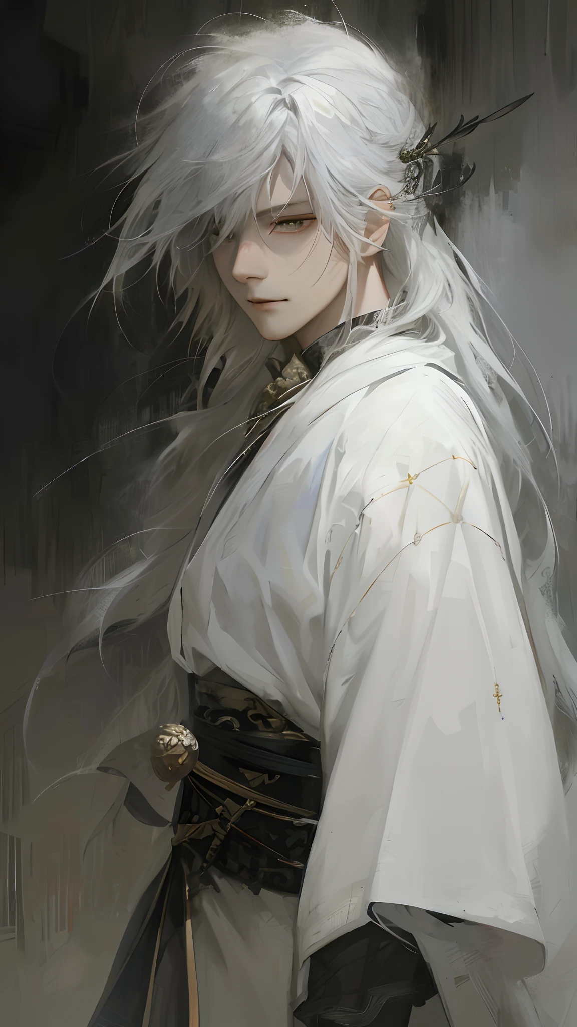 Close-up of a man with white hair and white costume, white-haired god, Guweiz in Pixiv ArtStation, with long white hair, Guweiz on ArtStation Pixiv, long  white hair, by Yang J, author：Tang Yifen, By Zeng Jing, Guviz, Guviz-style artwork，The teenager was in high spirits