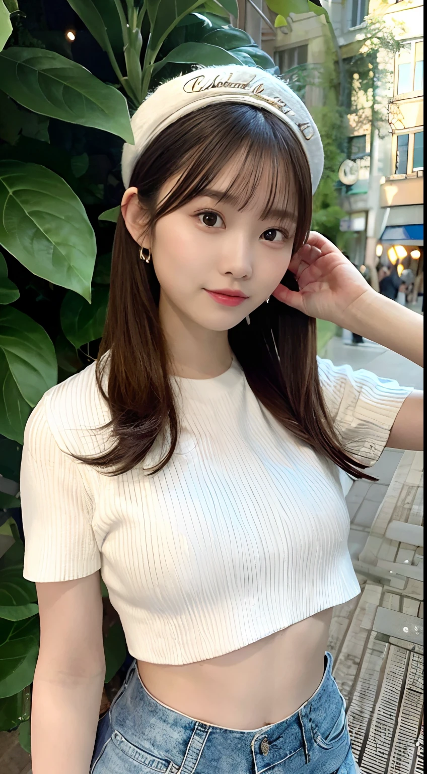 ((Best Quality, 8K, Masterpiece: 1.3)), (Flower Cap: 1.3), Focus: 1.2, Perfect Body Beauty: 1.4, Buttocks: 1.2, (Layered Haircut: 1.2)), (Dark Street: 1.3), Highly Detailed Face and Skin Texture, Full Body, Delicate Eyes, Double Eyelids, Whitened Skin, Long Hair, (Round Face: 1.5), (Loose Crop Top, Shorts: 1.6)