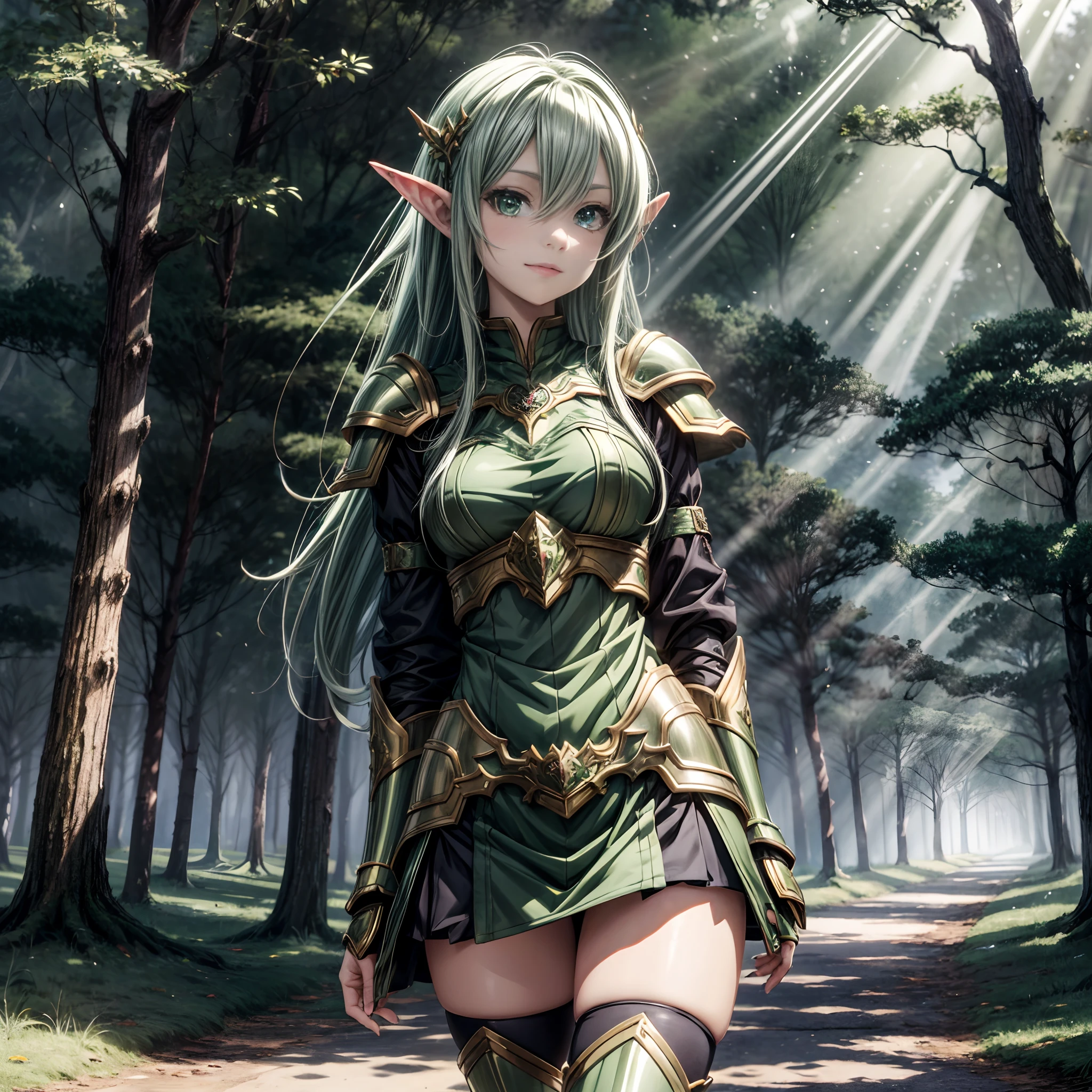 Anime style, Elven Girl, (Green eyes), walking around in a forest, Dark Forest, (armor on the shoulders), 8K, (masutepiece), High quality, High Definition, ((((nice hand))),ssmile