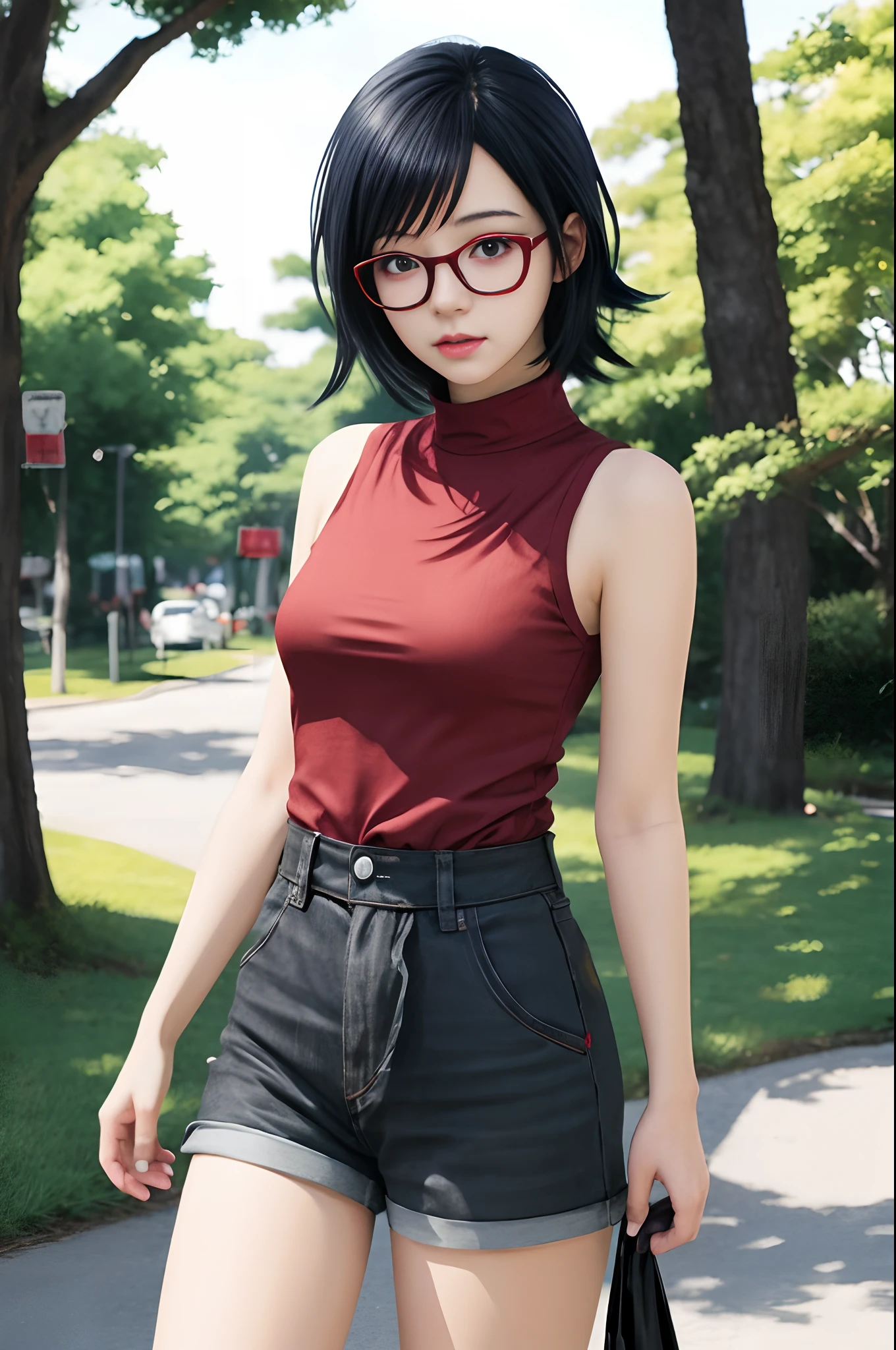 anime girl with red glasses and a red top walking down a sidewalk, range murata and artgerm, realistic anime artstyle, detailed anime character art, semirealistic anime style, realistic anime art style, realistic anime 3 d style, anime style character, highly detailed exquisite fanart, Sarada Uchiha, made with anime painter studio, female anime character,high realistic,high detailed