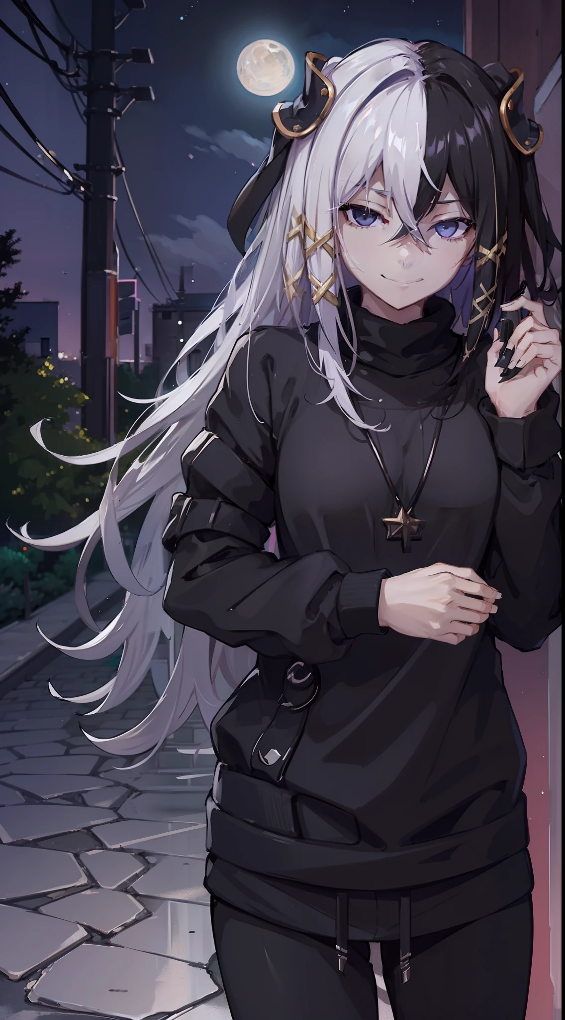 night time, neighbourhood, outside, dark sky, stars, moon, black sweater, black sweatpants, going to convenience store, naughty smile, domineering smile, arrogant expression, cocky attitude, masterpiece, best quality,