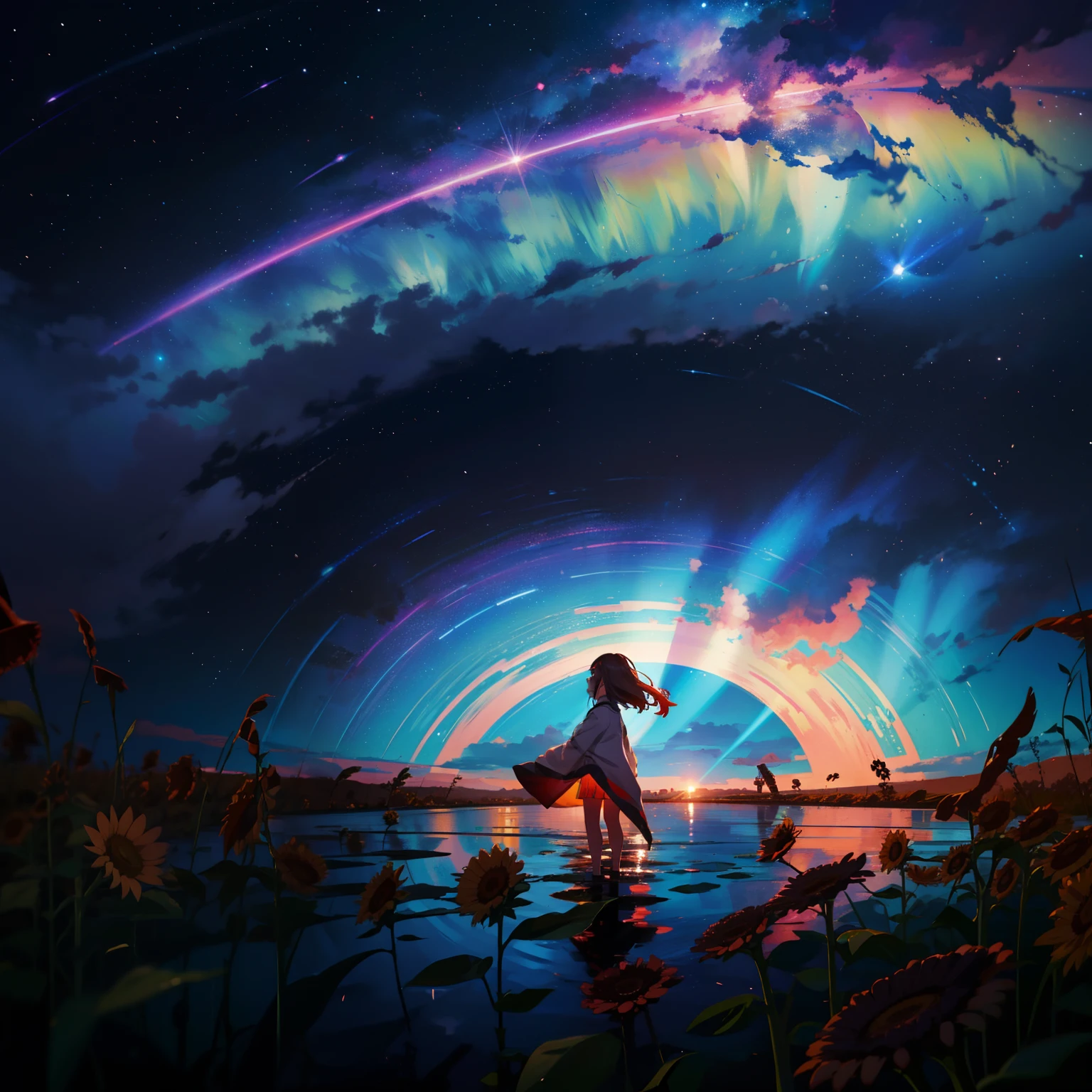 夏天, white clouds, sunflowers fields、Runway: 1.2, tree, shooting stars, Small Waterhole, Reflectors, Suny, sunlights, wide angles, top-quality, 8K, Near and far law, depth of fields, hight resolution, finedetail, The ultra-detailliert, foco nítido、Girl looking up at the sky