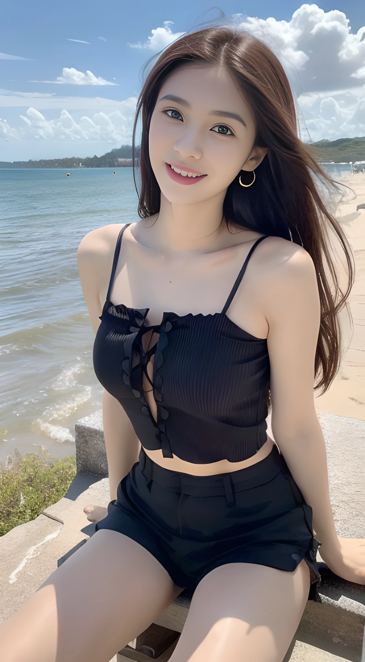 a young, Beautiful cute girl，Full body photo，Extremely beautiful and delicate，Blue-gray hair，A sweet smile，Delicate and beautiful fair skin，Realistic and realistic，exquisite and complete facial features，Detailed depiction of the face，tall nose bridge，Smooth hair，extremely detail hair，Feminine temperament，Tall and tall，Thin，Realiy，White teeth，Tied up with hair，（No bra），Hyper-realism，sandals，full body shot shot，Forward tilt angle,Extreme picture quality,Highest precision,Precise and perfect human anatomy。dark stormy clouds， (Chiffon shorts，Chiffon tops)（telephoto shot，）Express the landscape，Highlight portrait。Sitting on the beach by the sea。Wearing earrings，