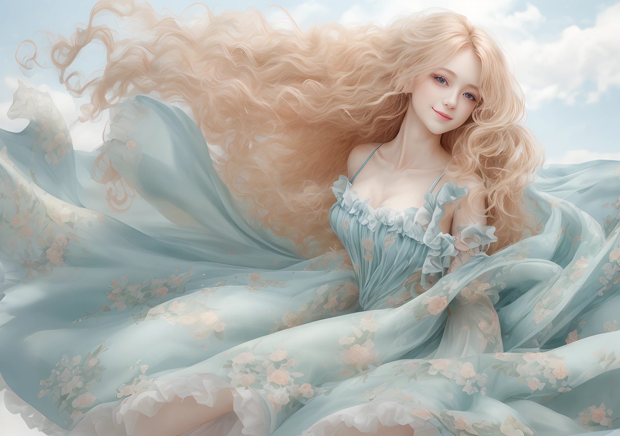 (top-quality、​masterpiece), infp young woman, the pose, Particle, the wind, florals, The upper part of the body, simple background, View here, Long curly blonde hair blown by the wind、blue eyess、 Smiling、Green floral dré on white cloth