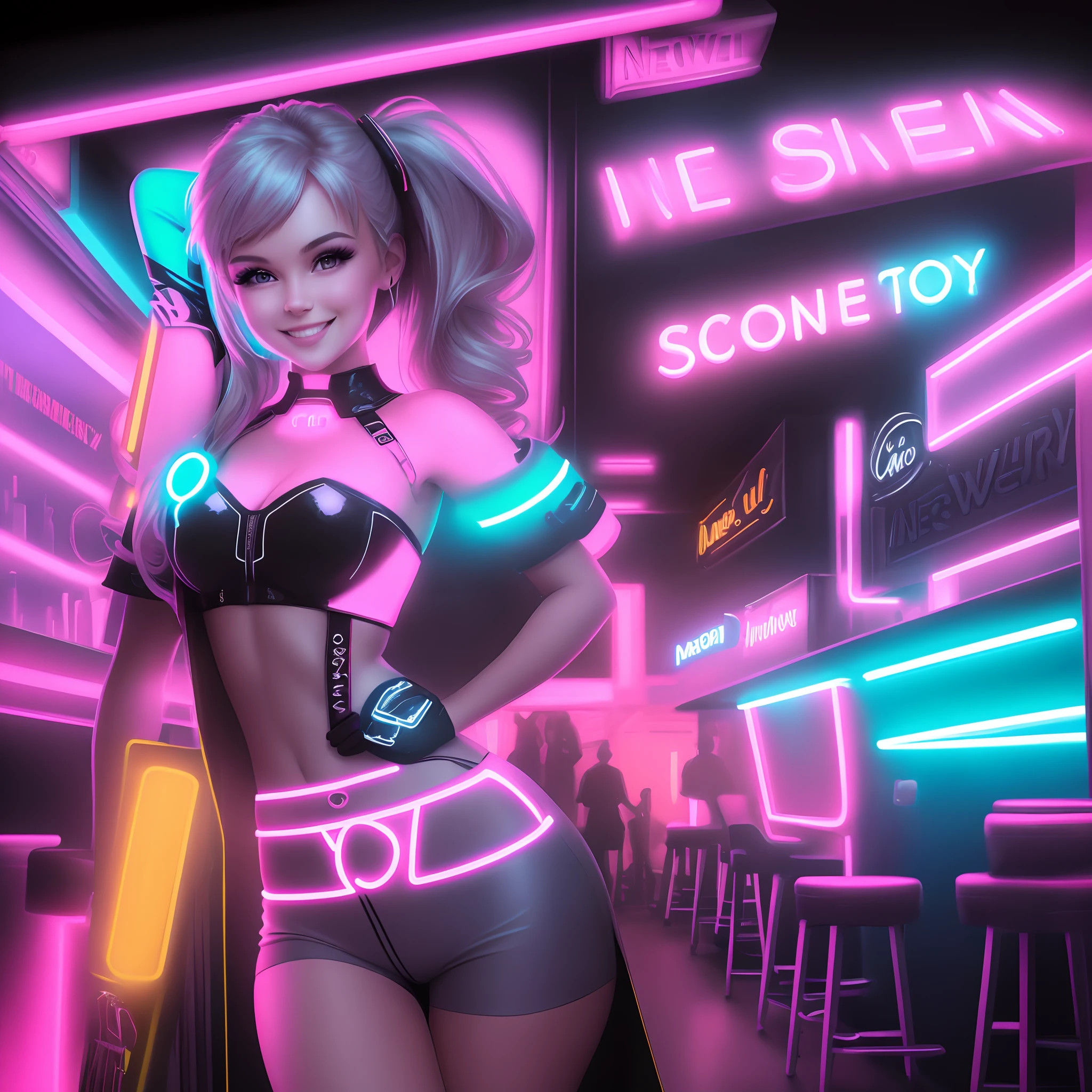 Design a cover for your website, Neon Beauty, Smiling, Model,survey, in the neon bar, Detailing, Cinematic