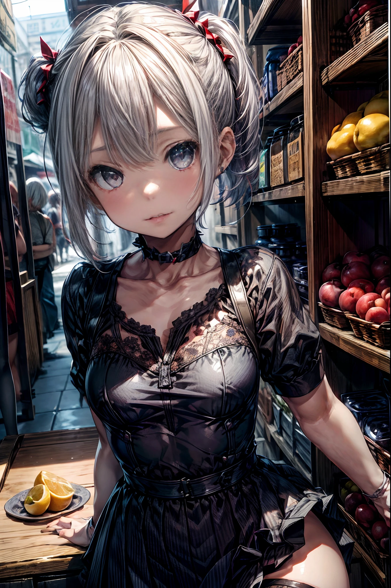 mash kyrielight, White hair, short hair, red eyes, girl, woman, female, little, child, 10 years old, medium hair, curly hair, bangs, eyes visible through hair, side braid, white hair, multicolored hair, red  inner color, beautiful detailed Glass hair, delicate beautiful face, red pupils, fangs, small_breasts, pale blue eyes, white skin, choker, gloves, nice hands, perfect hands, camisole, (holding fruit), lemon, grapefruit, parted lips, blush, skirt, earring, holding food, bang, in fruit market, more_details:-1, more_details:0, more_details:0.5, more_details:1, more_details:1.5